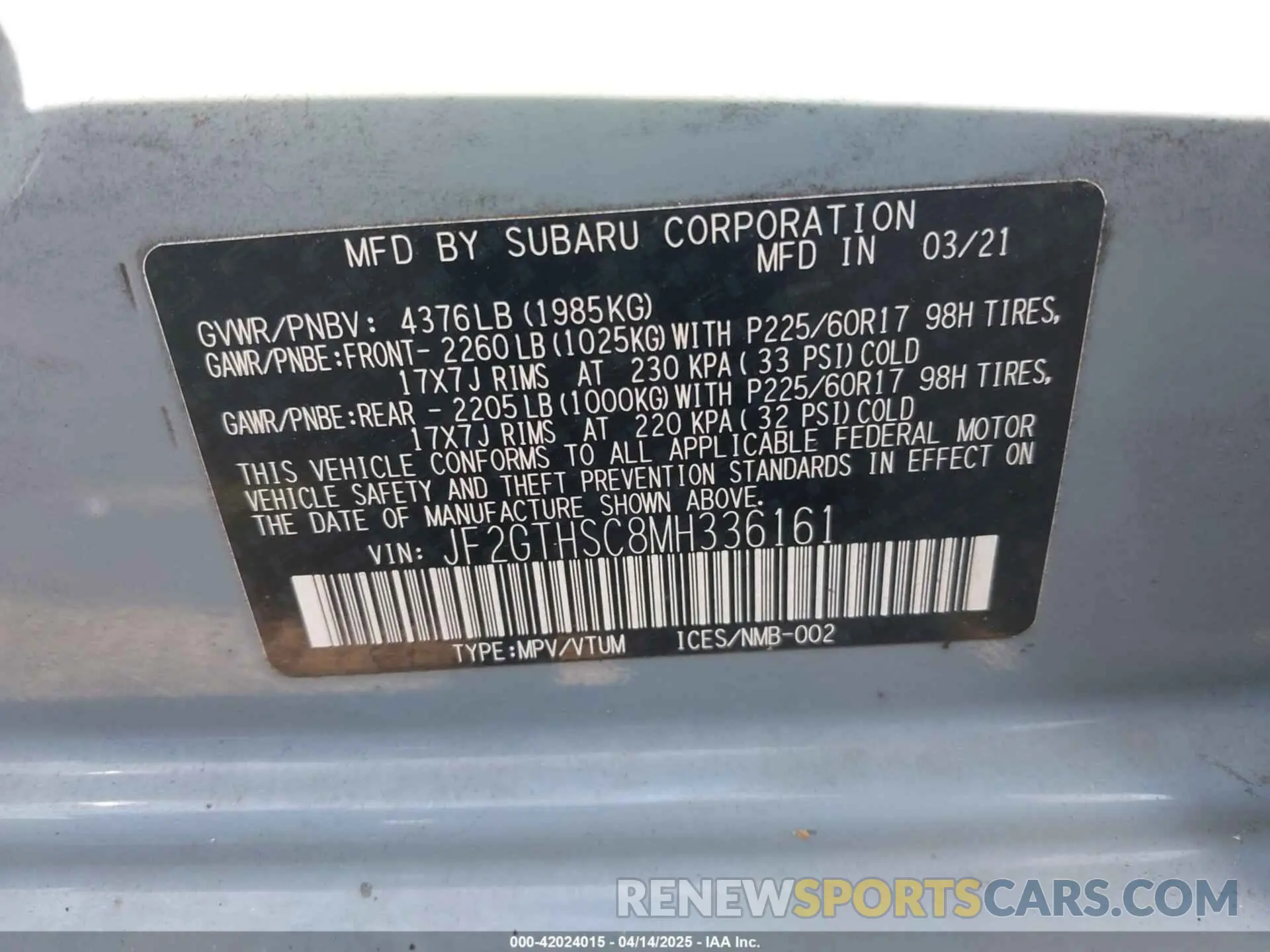 9 fotografías del automóvil dañado JF2GTHSC8MH336161 SUBARU CROSSTREK 2021