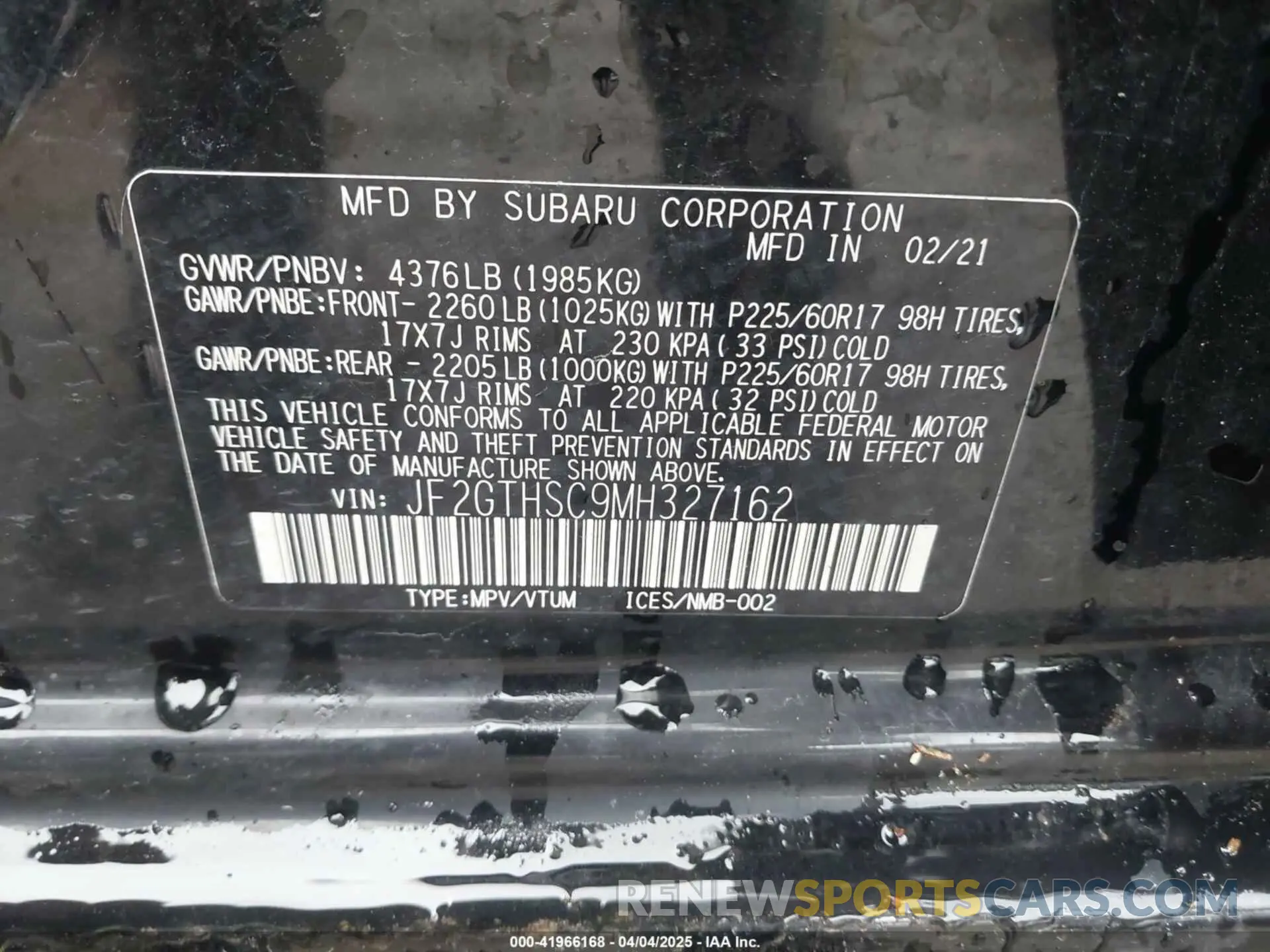 9 fotografías del automóvil dañado JF2GTHSC9MH327162 SUBARU CROSSTREK 2021