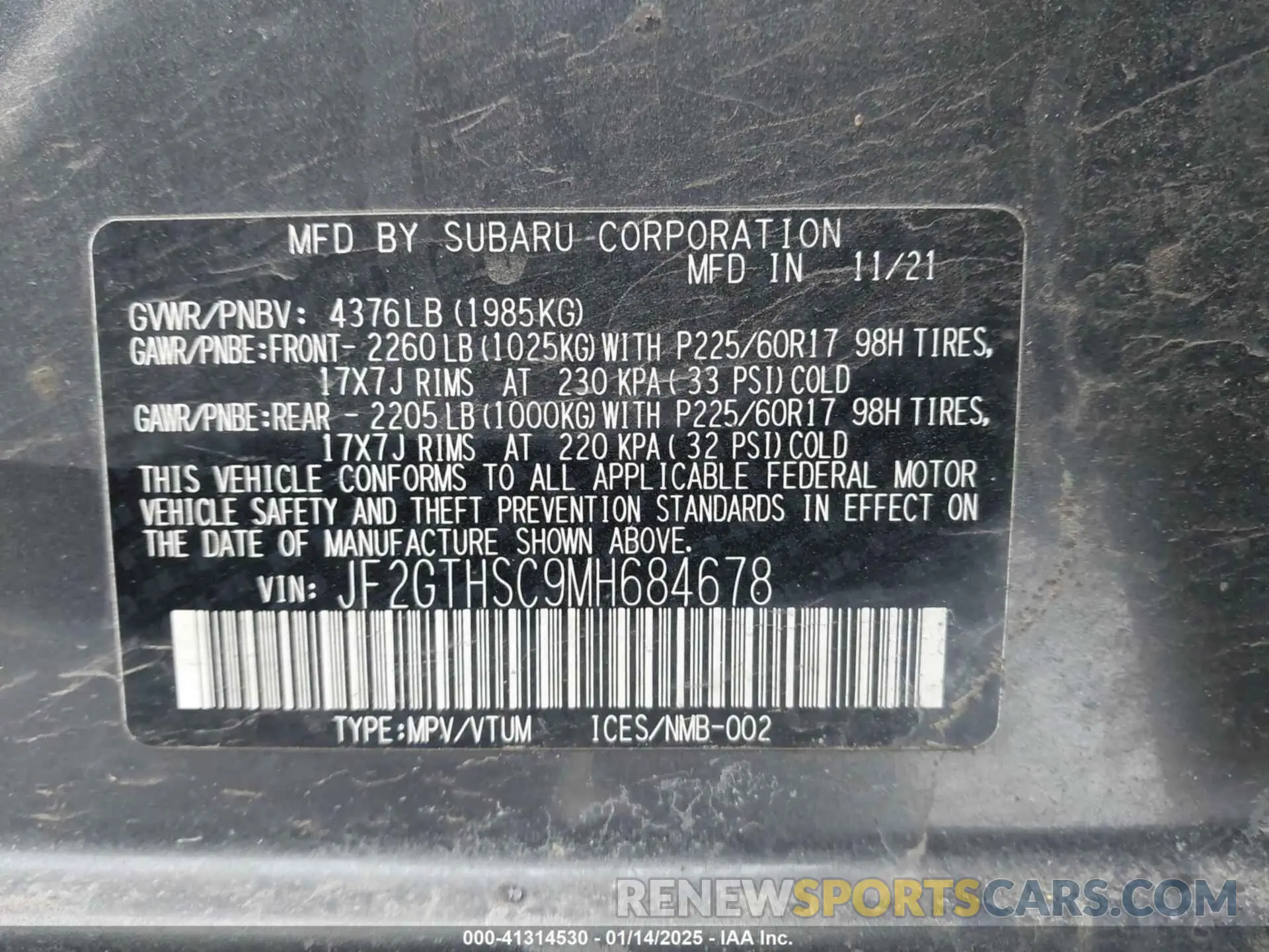 9 fotografías del automóvil dañado JF2GTHSC9MH684678 SUBARU CROSSTREK 2021