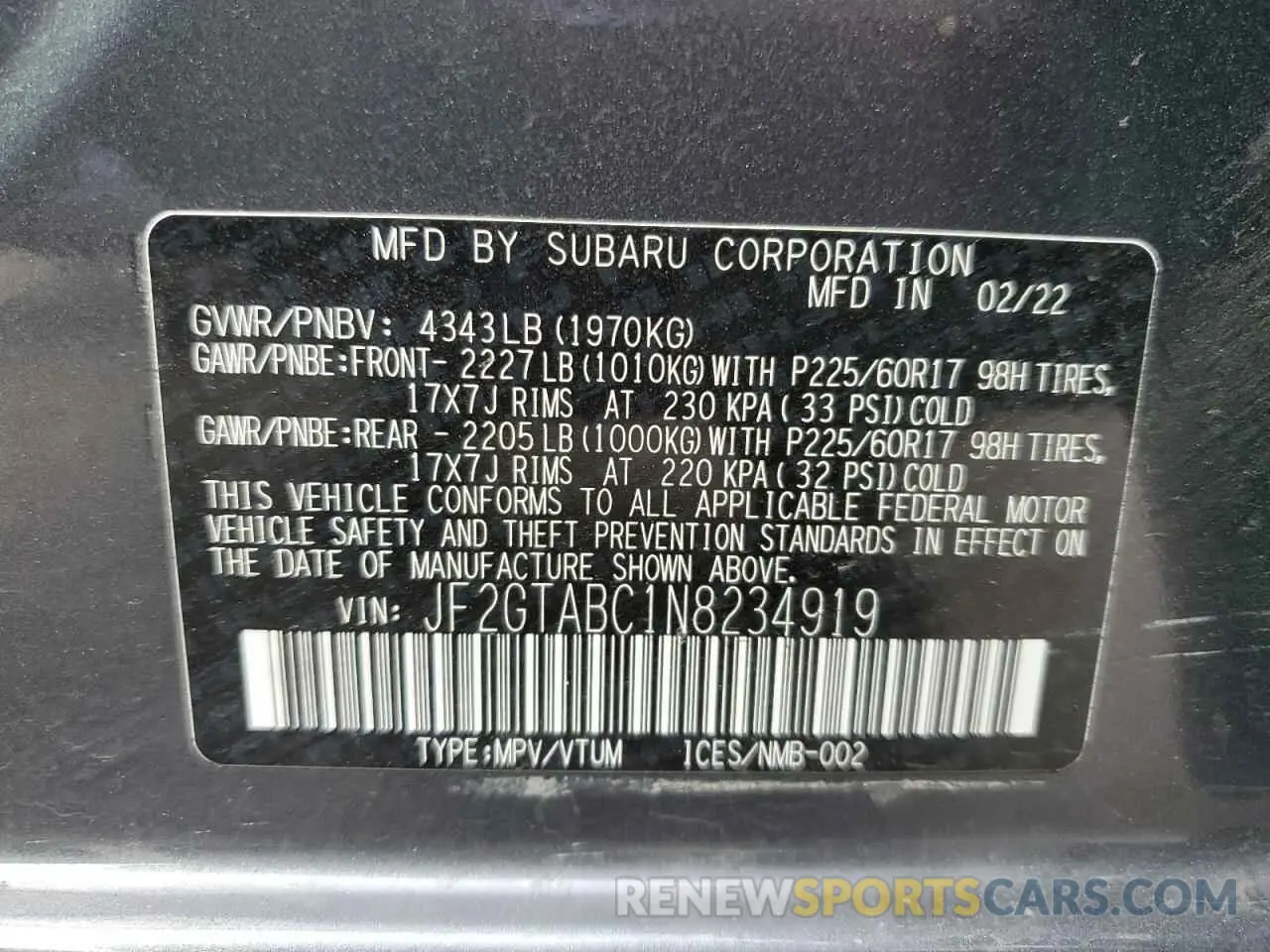 13 fotografías del automóvil dañado JF2GTABC1N8234919 SUBARU CROSSTREK 2022