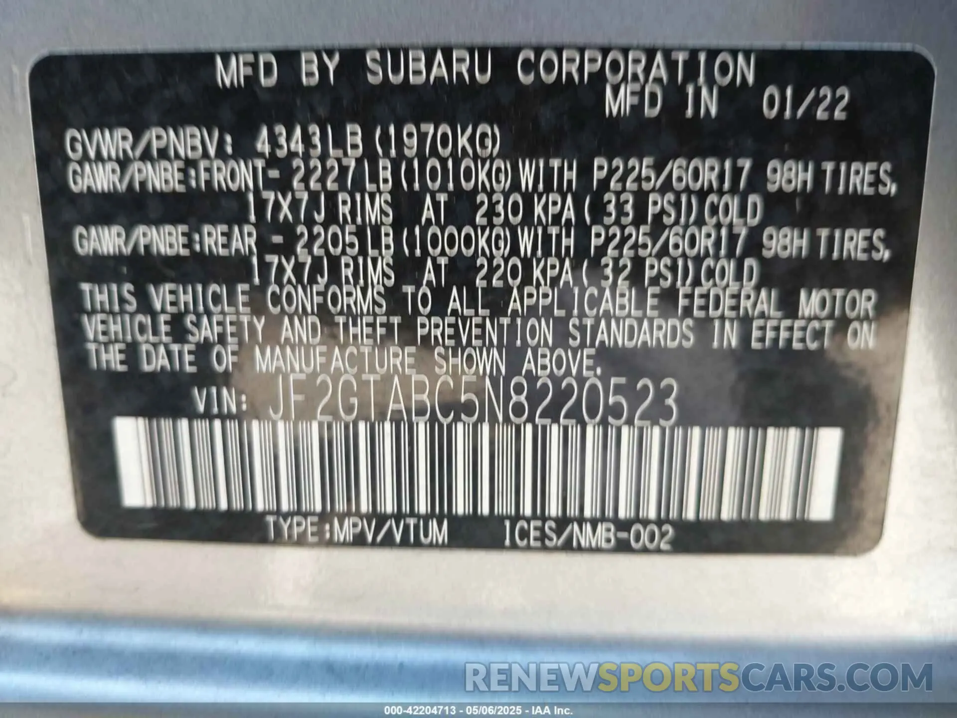 9 fotografías del automóvil dañado JF2GTABC5N8220523 SUBARU CROSSTREK 2022