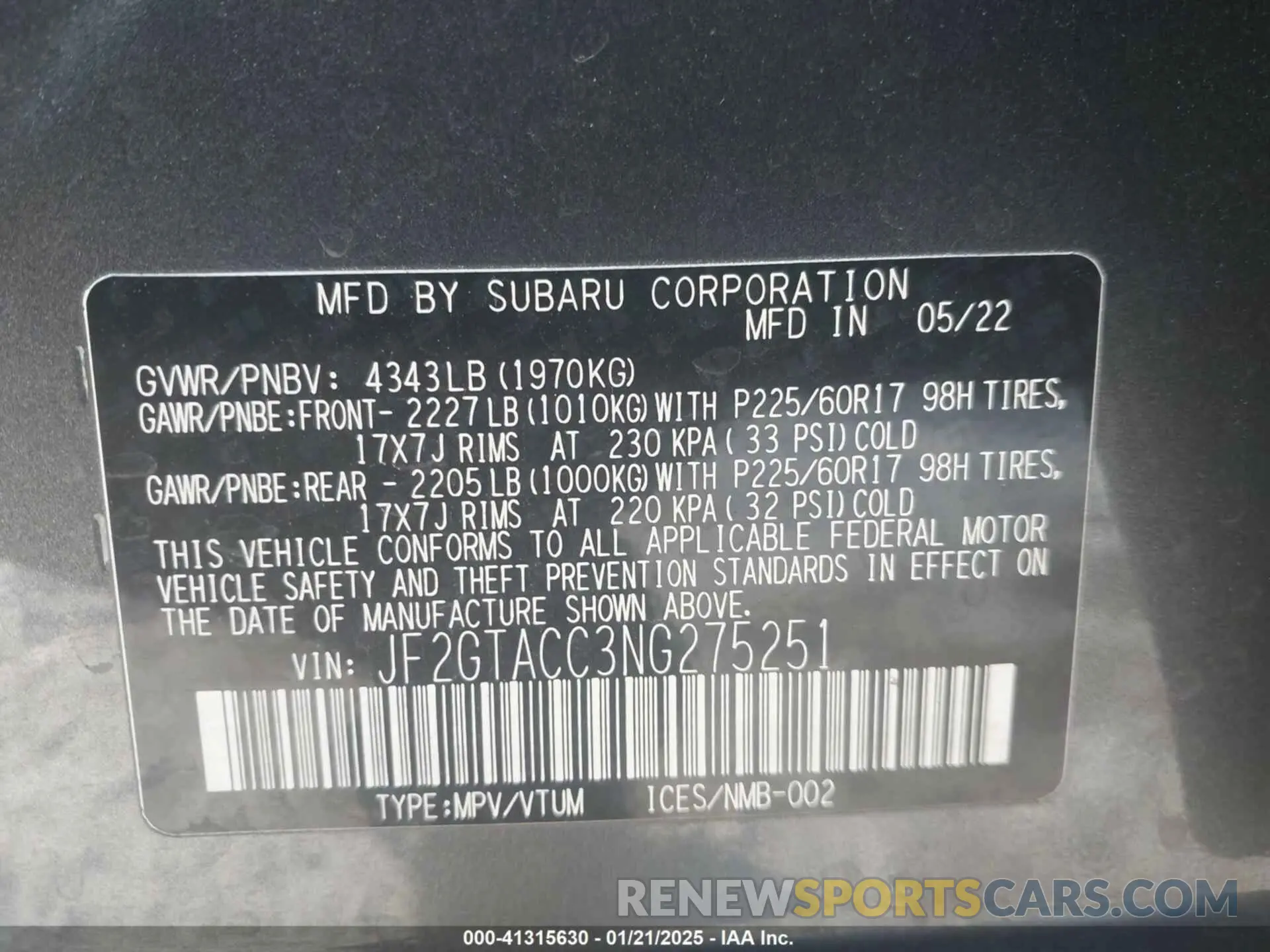 9 fotografías del automóvil dañado JF2GTACC3NG275251 SUBARU CROSSTREK 2022