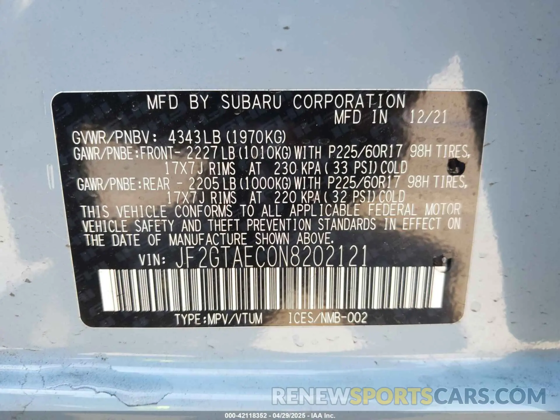 9 fotografías del automóvil dañado JF2GTAEC0N8202121 SUBARU CROSSTREK 2022