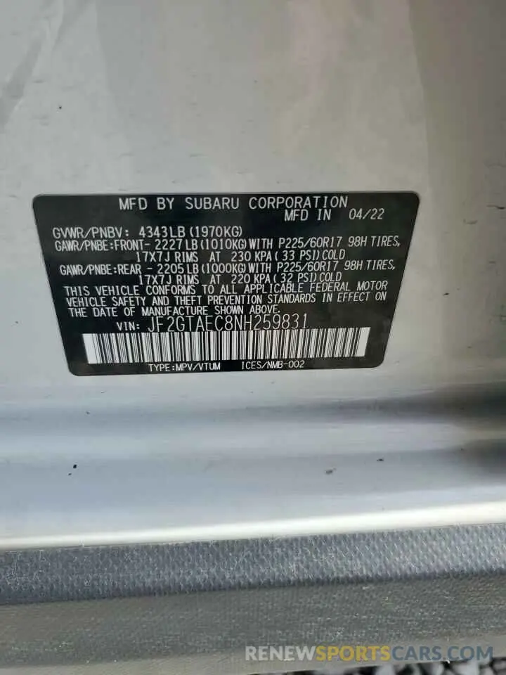 13 fotografías del automóvil dañado JF2GTAEC8NH259831 SUBARU CROSSTREK 2022