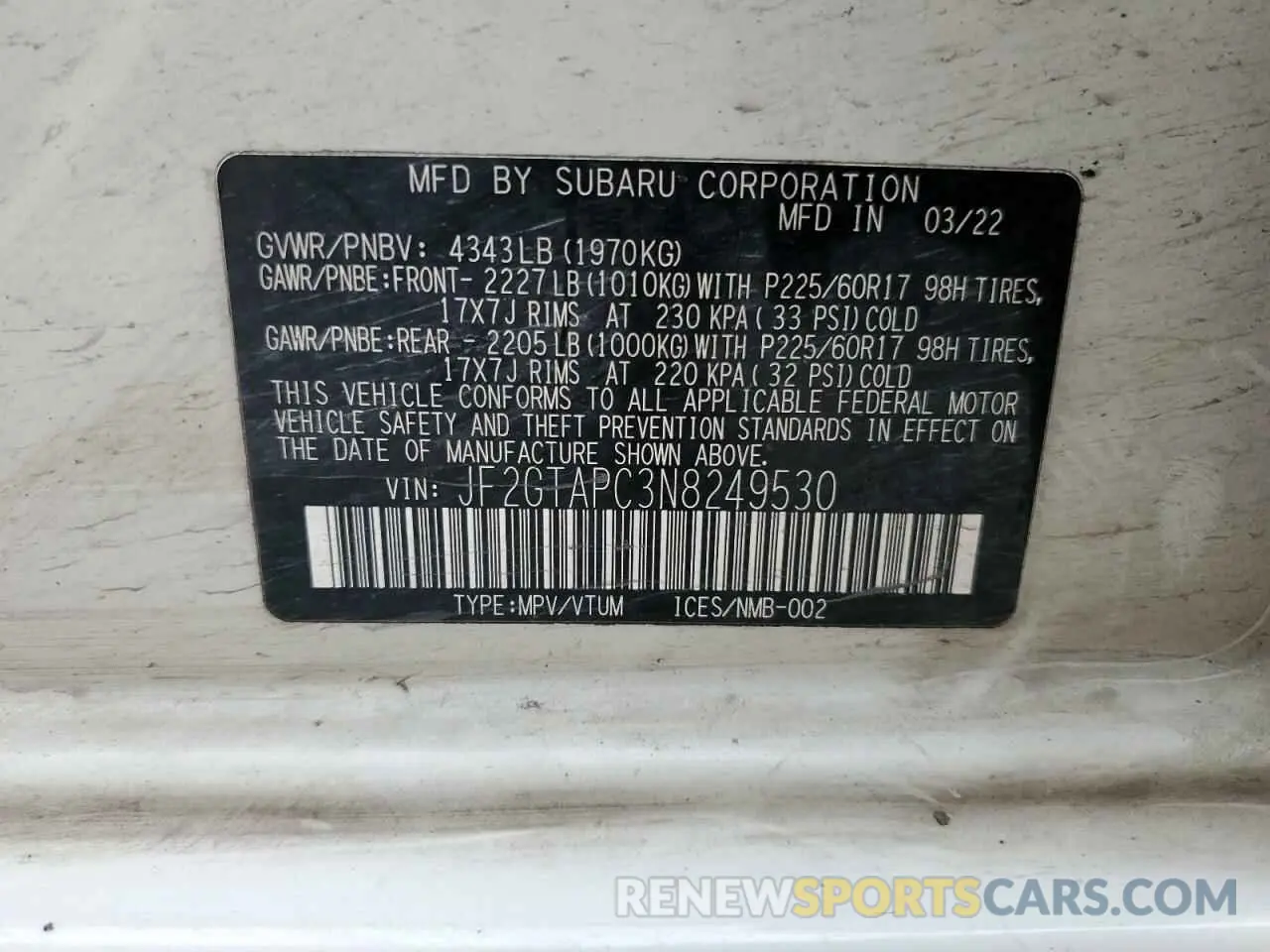13 fotografías del automóvil dañado JF2GTAPC3N8249530 SUBARU CROSSTREK 2022