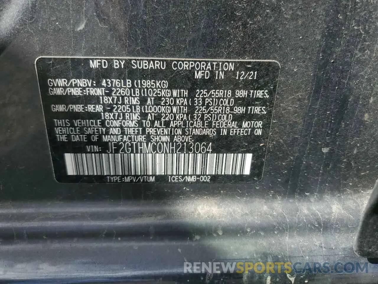 14 fotografías del automóvil dañado JF2GTHMC0NH213064 SUBARU CROSSTREK 2022