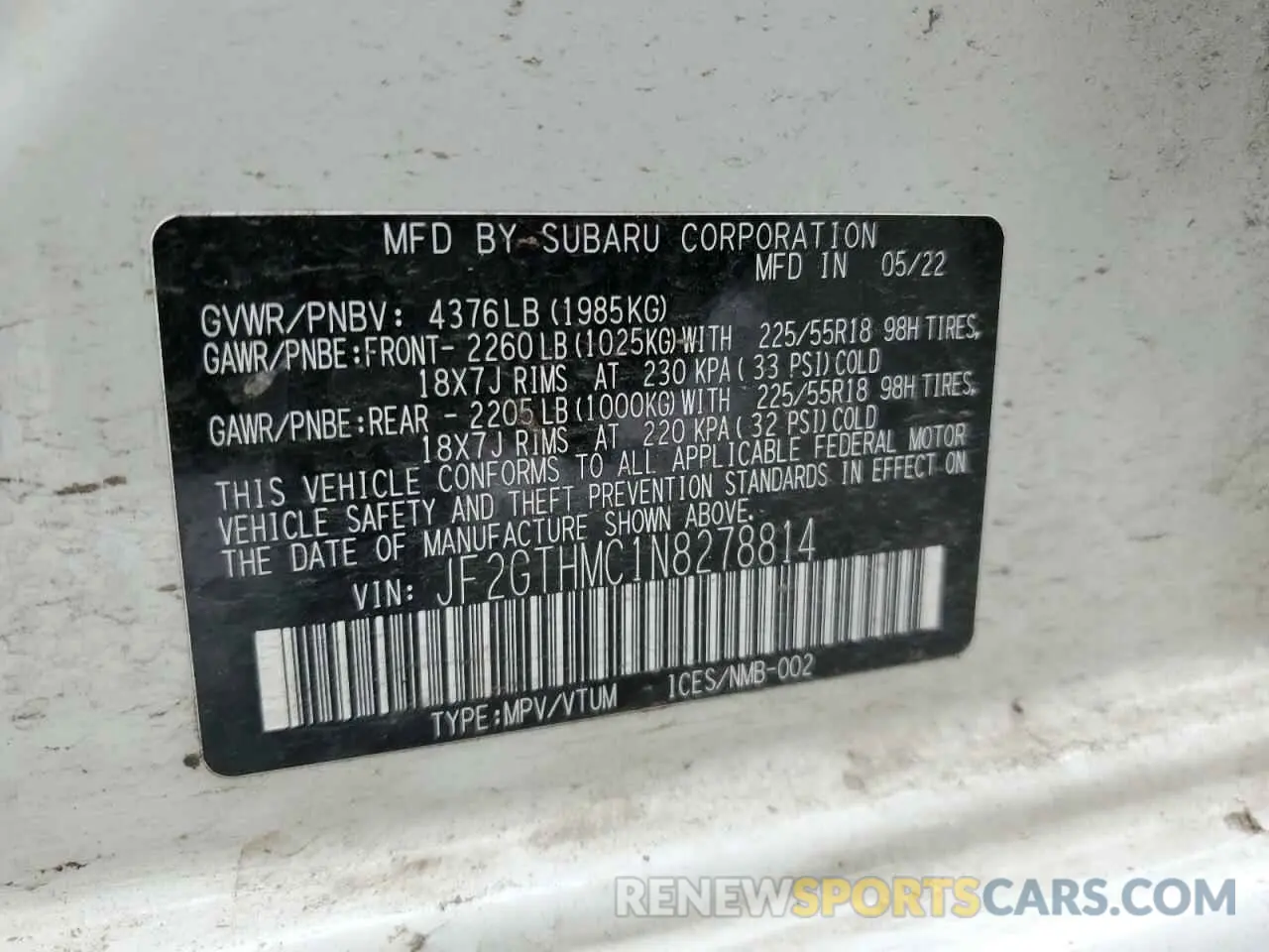 13 fotografías del automóvil dañado JF2GTHMC1N8278814 SUBARU CROSSTREK 2022