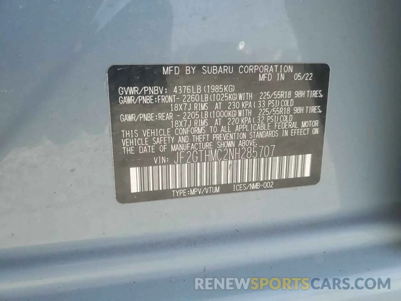 14 fotografías del automóvil dañado JF2GTHMC2NH285707 SUBARU CROSSTREK 2022