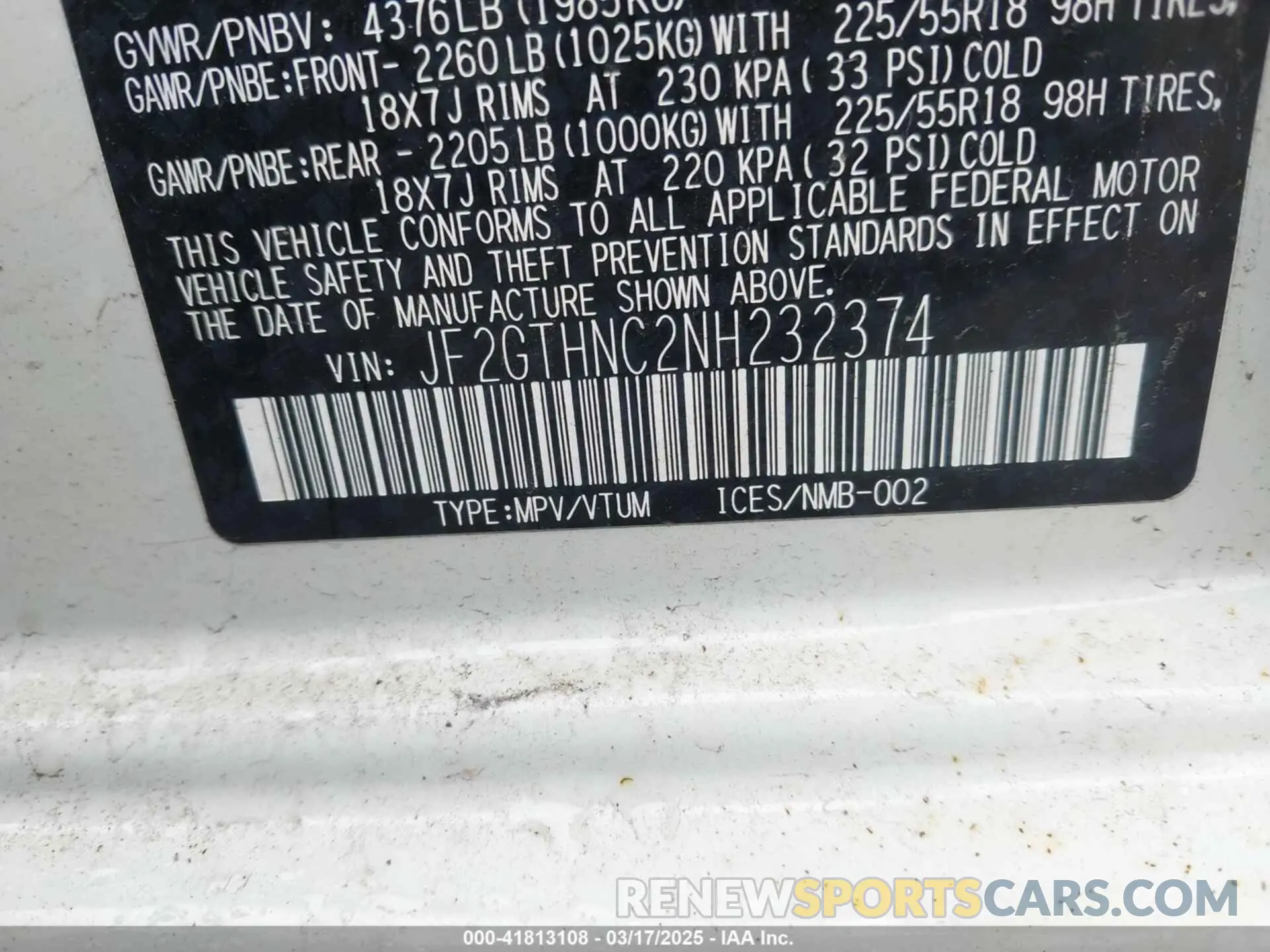 9 fotografías del automóvil dañado JF2GTHNC2NH232374 SUBARU CROSSTREK 2022