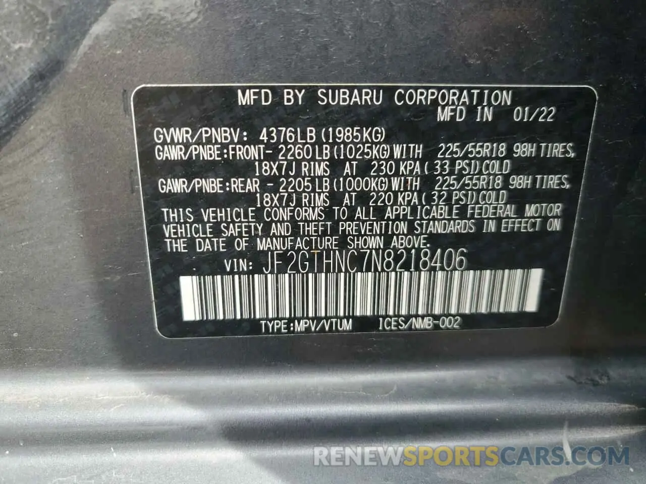 12 fotografías del automóvil dañado JF2GTHNC7N8218406 SUBARU CROSSTREK 2022