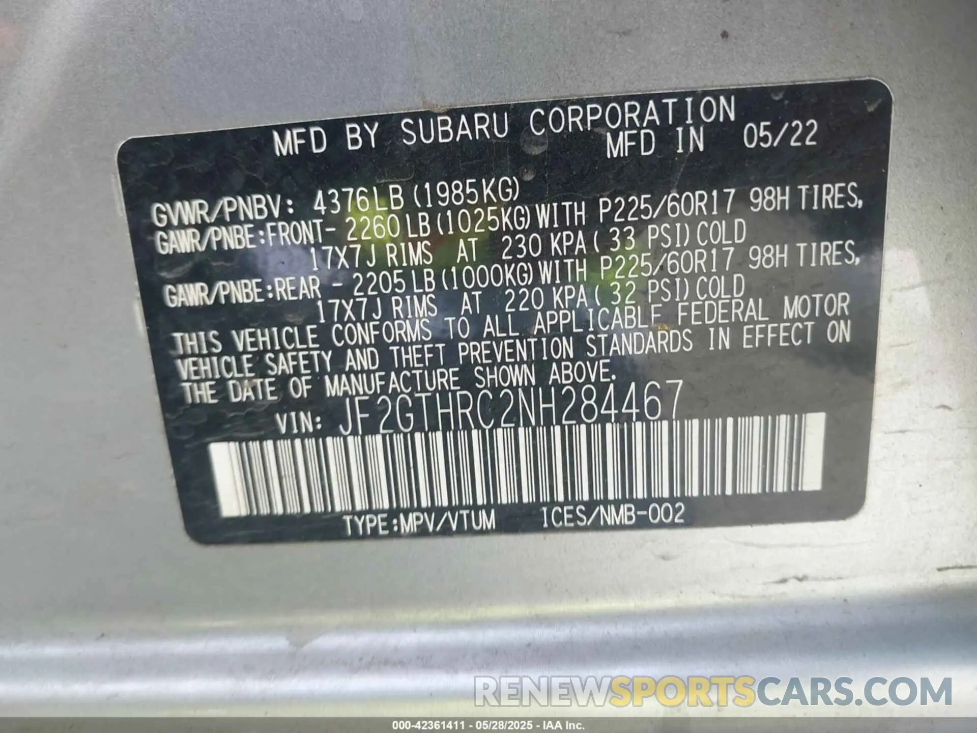 9 fotografías del automóvil dañado JF2GTHRC2NH284467 SUBARU CROSSTREK 2022