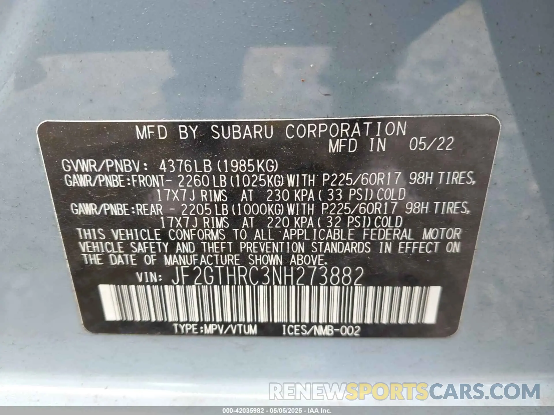 9 fotografías del automóvil dañado JF2GTHRC3NH273882 SUBARU CROSSTREK 2022