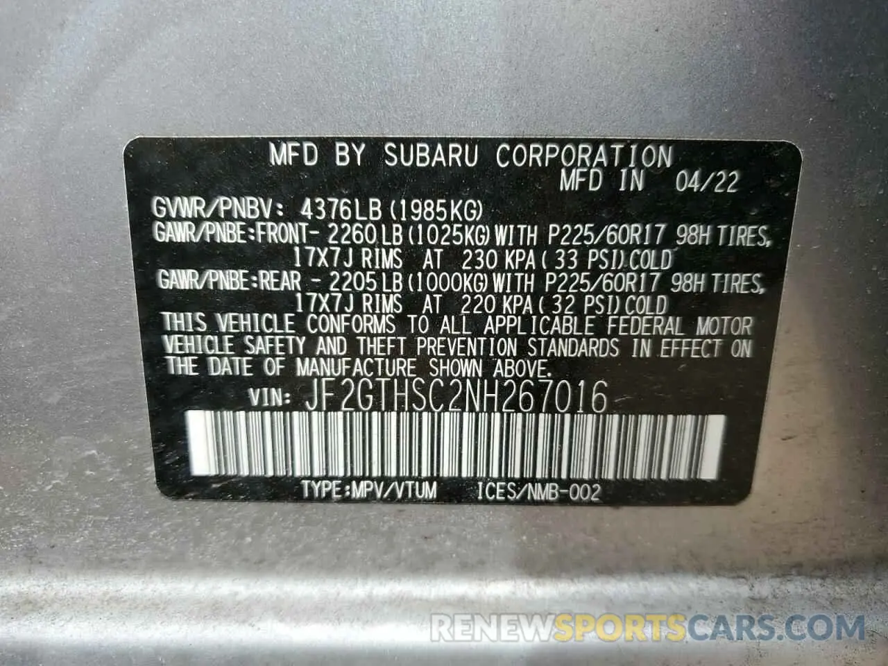 13 fotografías del automóvil dañado JF2GTHSC2NH267016 SUBARU CROSSTREK 2022
