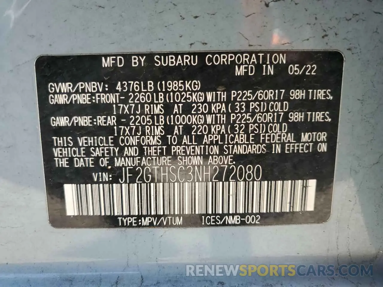 13 fotografías del automóvil dañado JF2GTHSC3NH272080 SUBARU CROSSTREK 2022