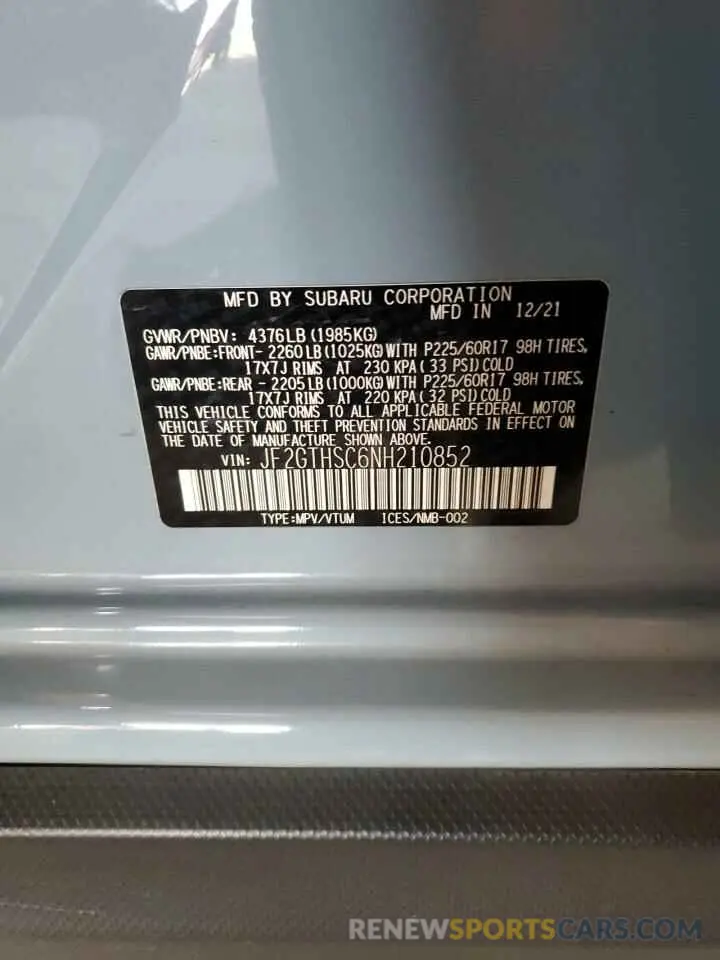 16 fotografías del automóvil dañado JF2GTHSC6NH210852 SUBARU CROSSTREK 2022