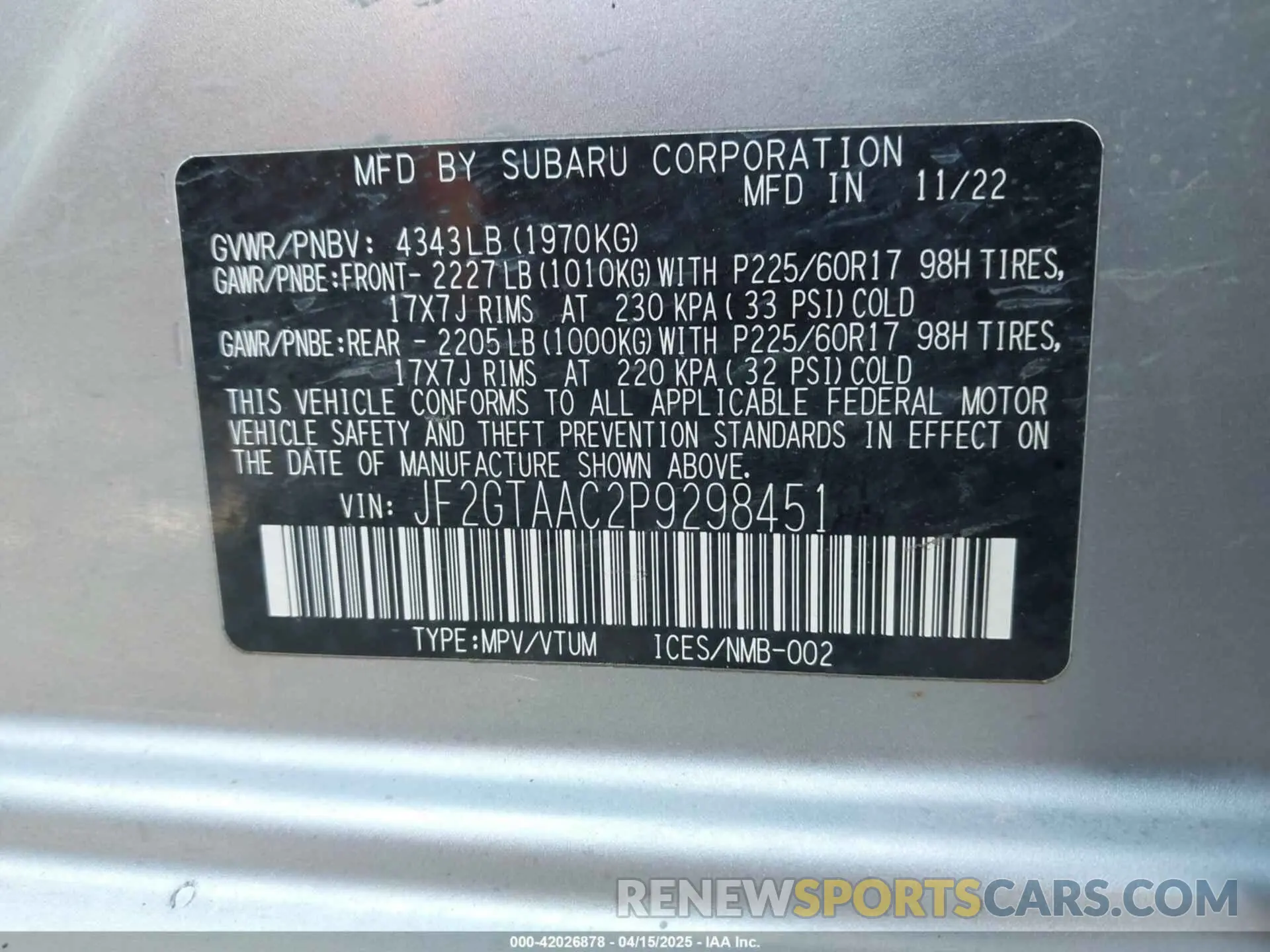 9 fotografías del automóvil dañado JF2GTAAC2P9298451 SUBARU CROSSTREK 2023