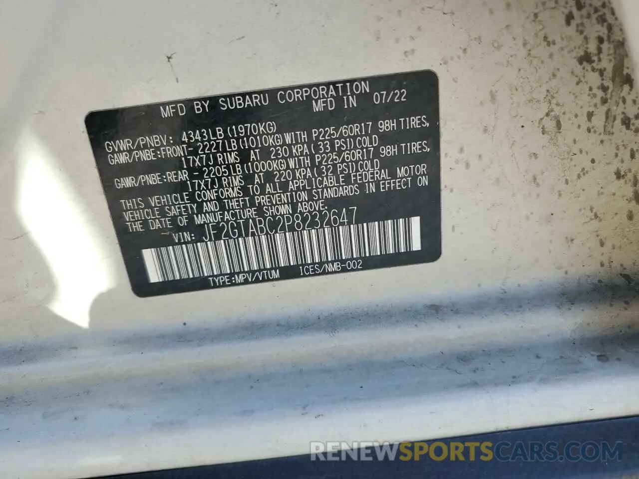 14 fotografías del automóvil dañado JF2GTABC2P8232647 SUBARU CROSSTREK 2023