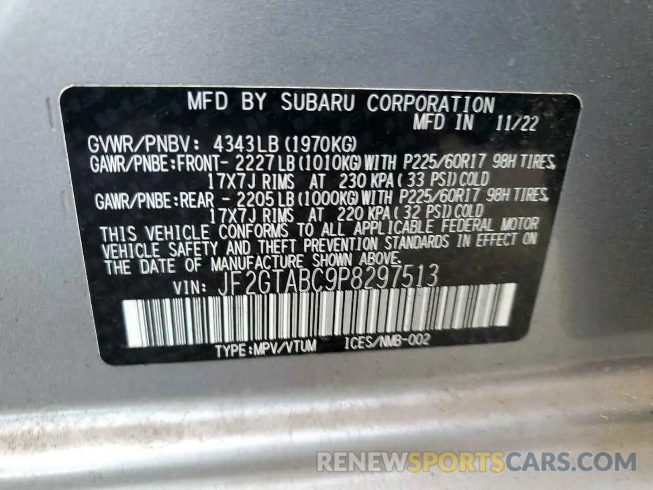 13 fotografías del automóvil dañado JF2GTABC9P8297513 SUBARU CROSSTREK 2023