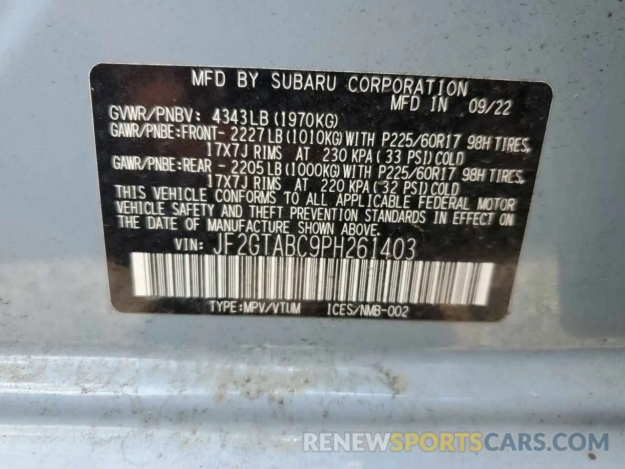 13 fotografías del automóvil dañado JF2GTABC9PH261403 SUBARU CROSSTREK 2023
