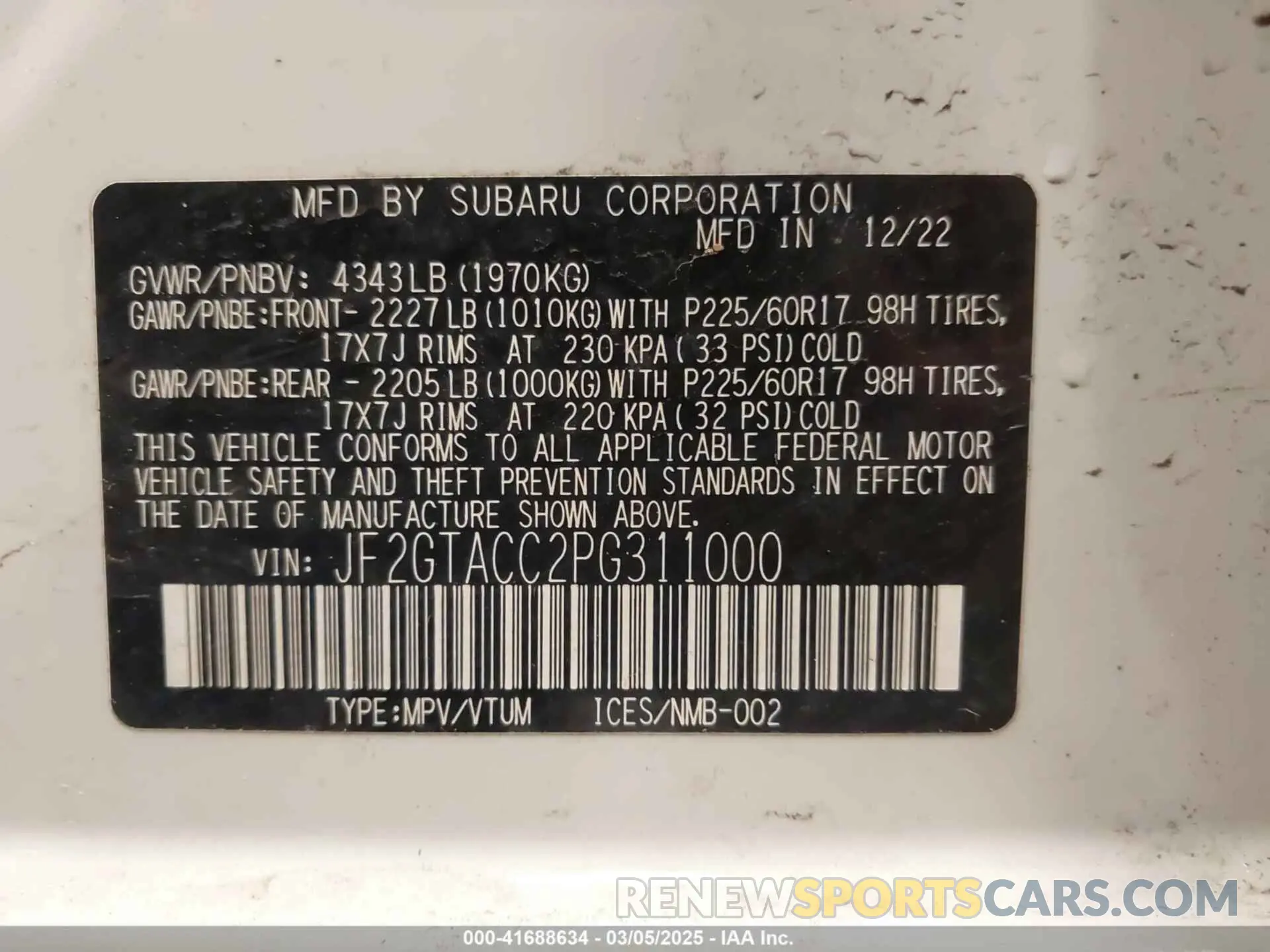 9 fotografías del automóvil dañado JF2GTACC2PG311000 SUBARU CROSSTREK 2023