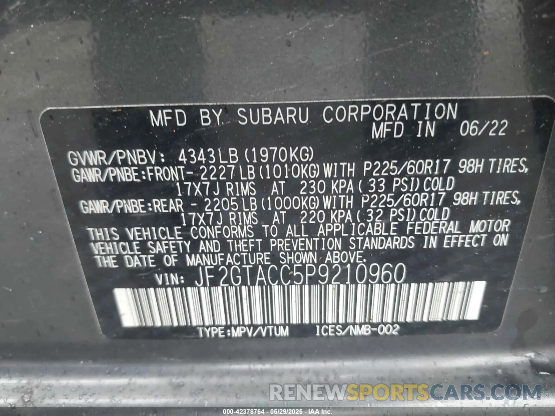 9 fotografías del automóvil dañado JF2GTACC5P9210960 SUBARU CROSSTREK 2023