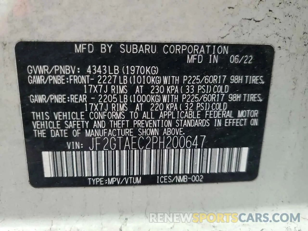 13 fotografías del automóvil dañado JF2GTAEC2PH200647 SUBARU CROSSTREK 2023