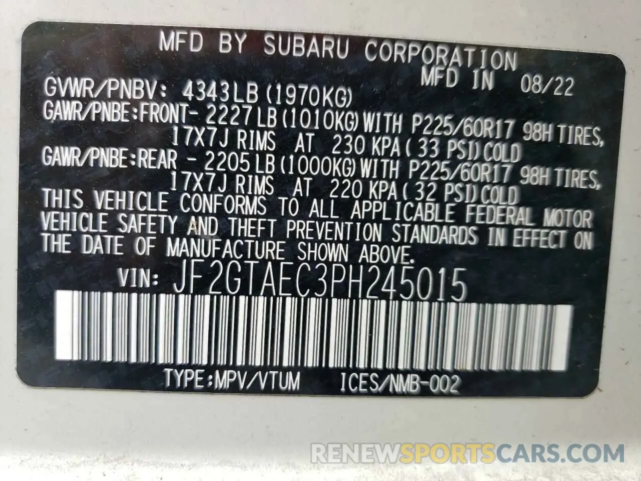 12 fotografías del automóvil dañado JF2GTAEC3PH245015 SUBARU CROSSTREK 2023
