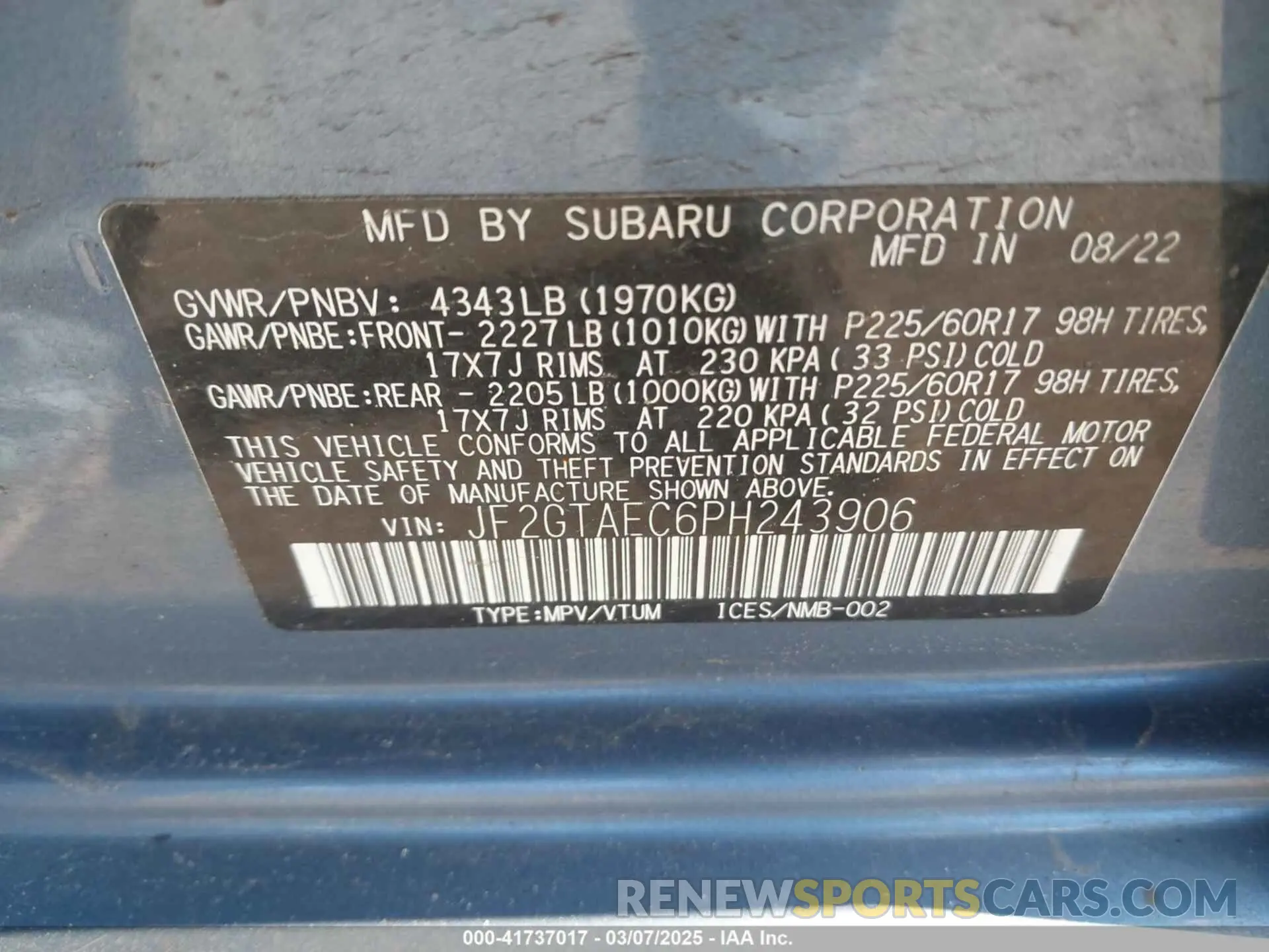 9 fotografías del automóvil dañado JF2GTAEC6PH243906 SUBARU CROSSTREK 2023