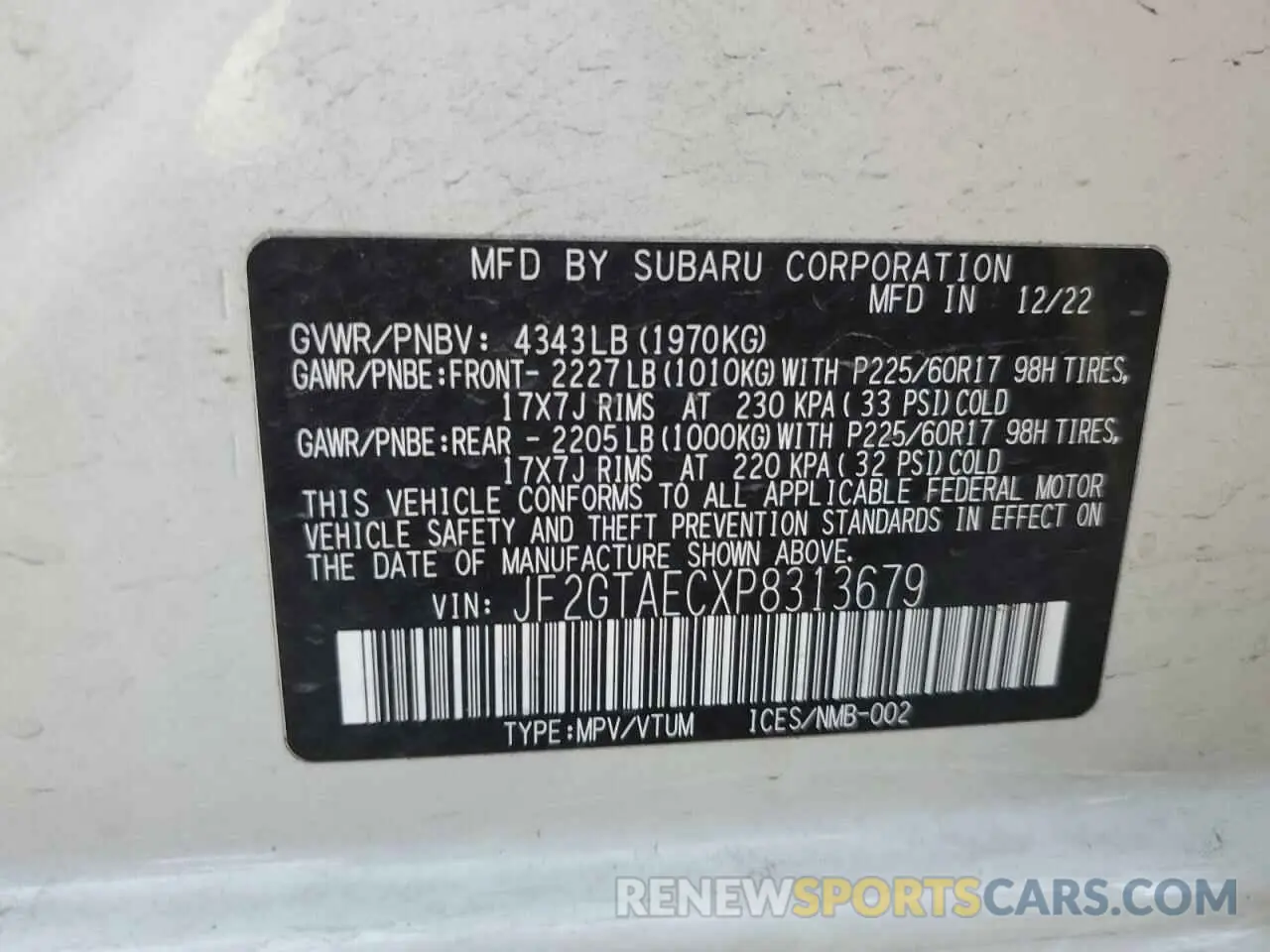 14 fotografías del automóvil dañado JF2GTAECXP8313679 SUBARU CROSSTREK 2023