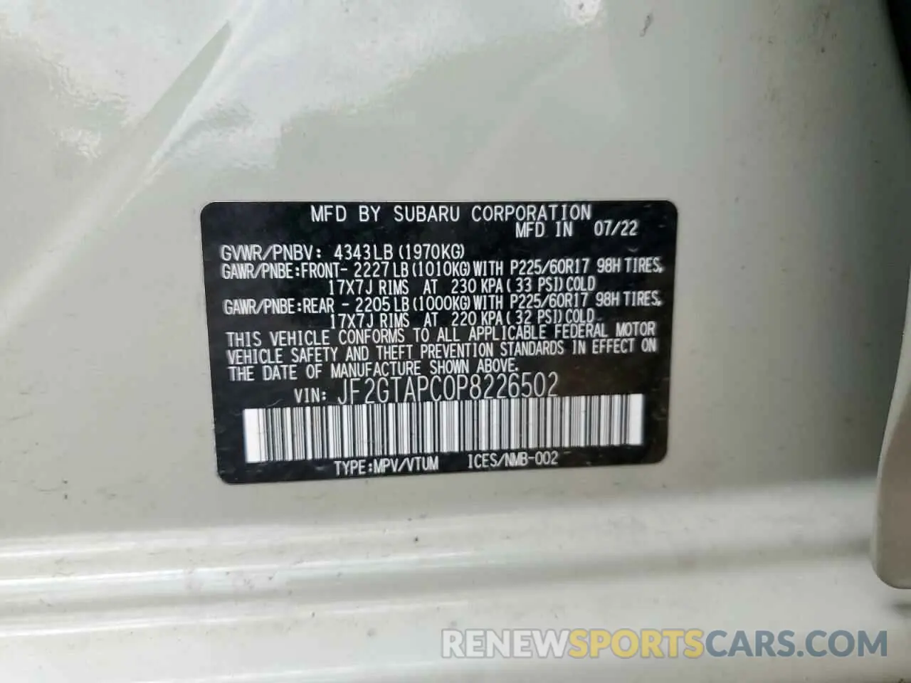 12 fotografías del automóvil dañado JF2GTAPC0P8226502 SUBARU CROSSTREK 2023