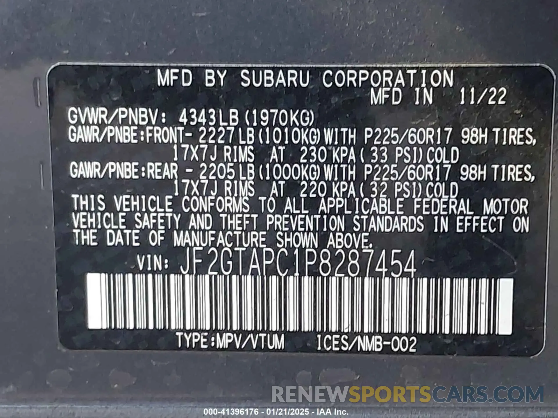 9 fotografías del automóvil dañado JF2GTAPC1P8287454 SUBARU CROSSTREK 2023