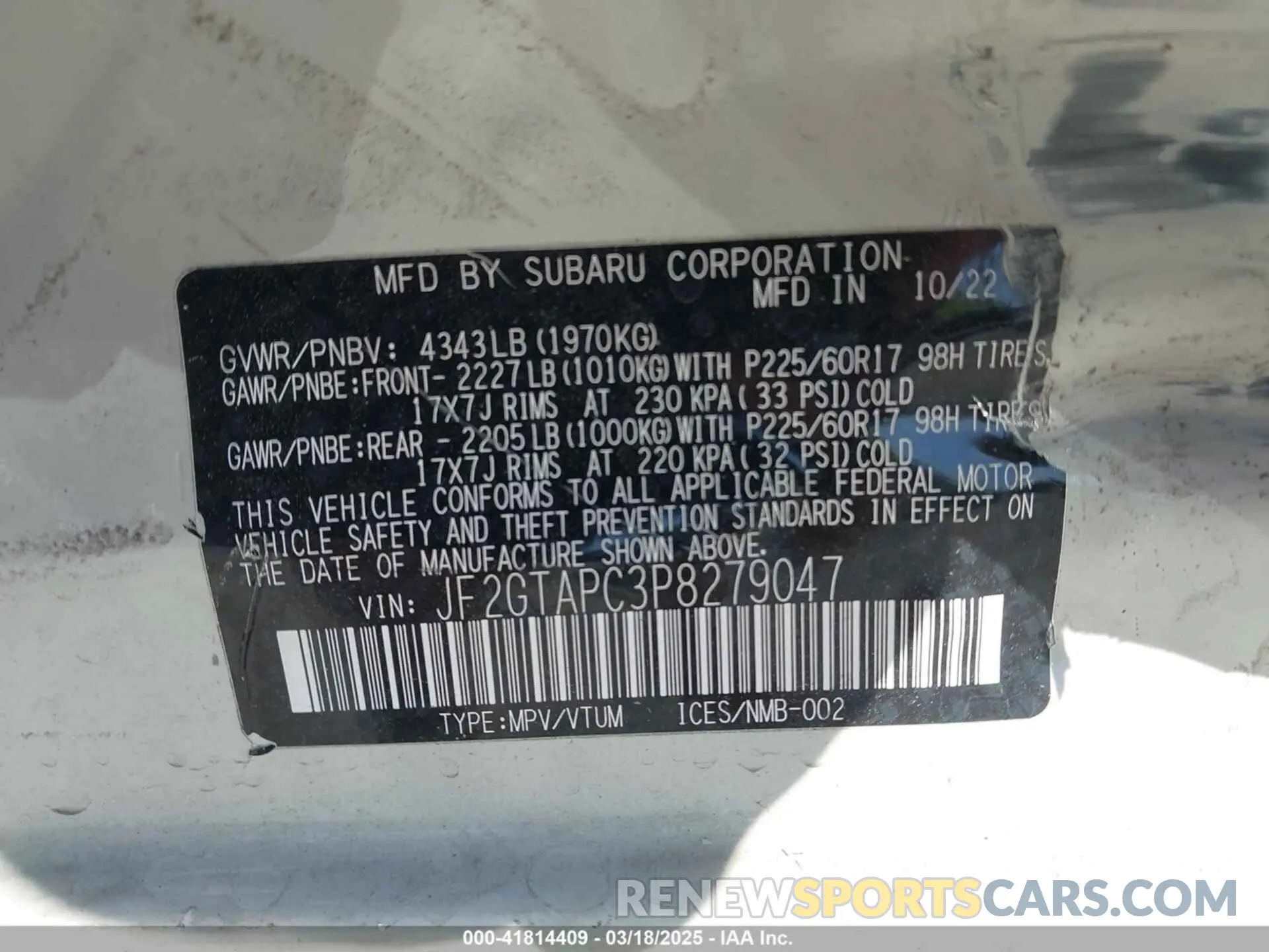 9 fotografías del automóvil dañado JF2GTAPC3P8279047 SUBARU CROSSTREK 2023