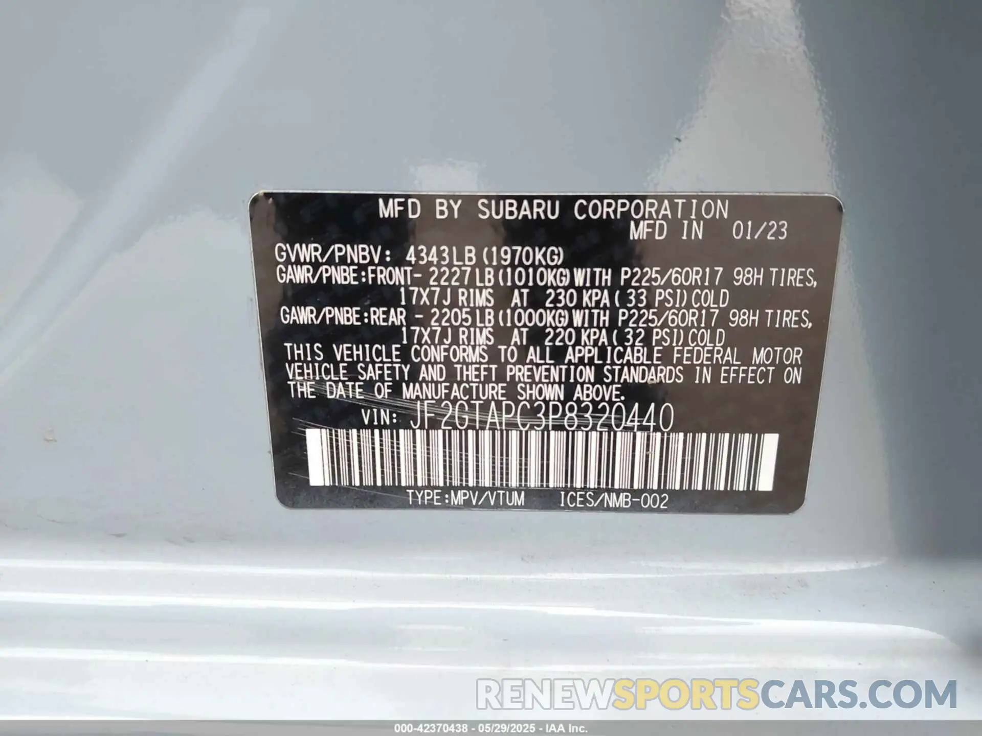 9 fotografías del automóvil dañado JF2GTAPC3P8320440 SUBARU CROSSTREK 2023