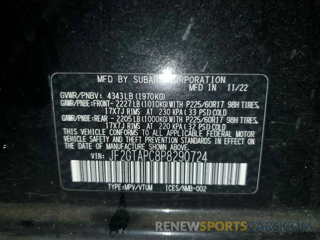 13 fotografías del automóvil dañado JF2GTAPC8P8290724 SUBARU CROSSTREK 2023