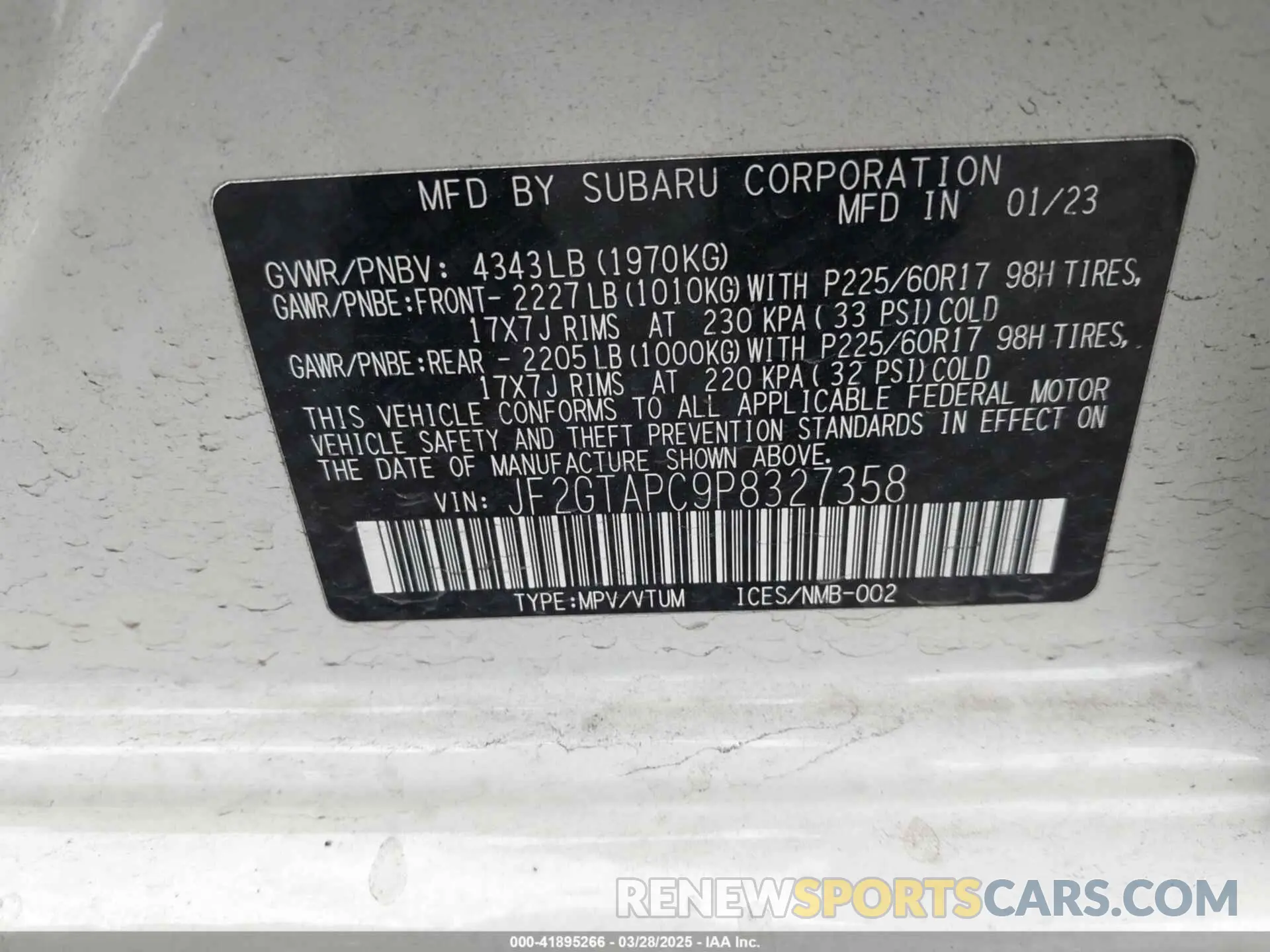 9 fotografías del automóvil dañado JF2GTAPC9P8327358 SUBARU CROSSTREK 2023