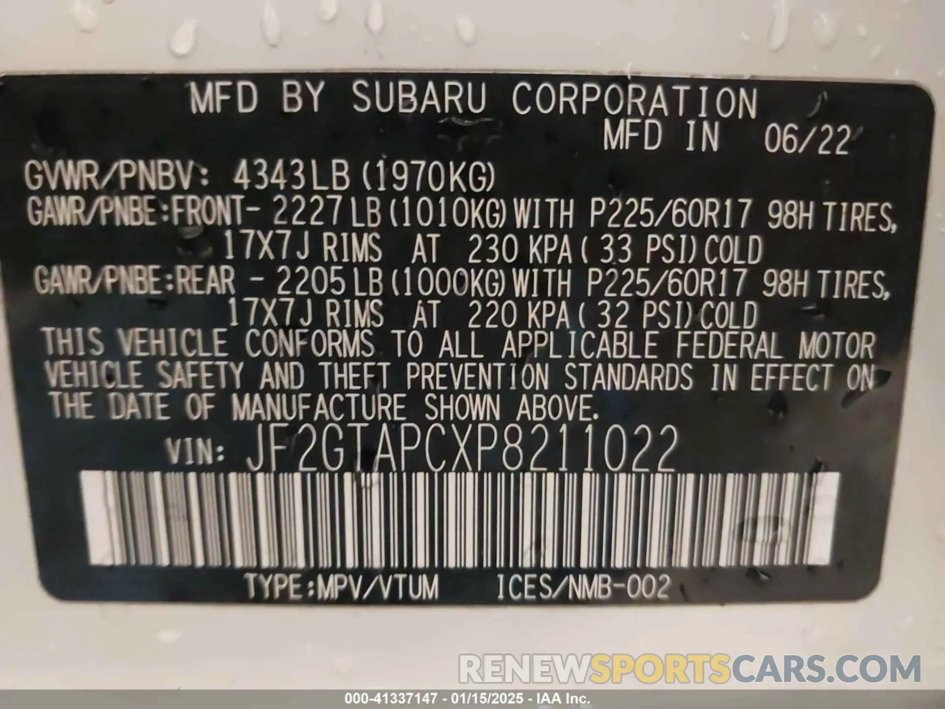 9 fotografías del automóvil dañado JF2GTAPCXP8211022 SUBARU CROSSTREK 2023