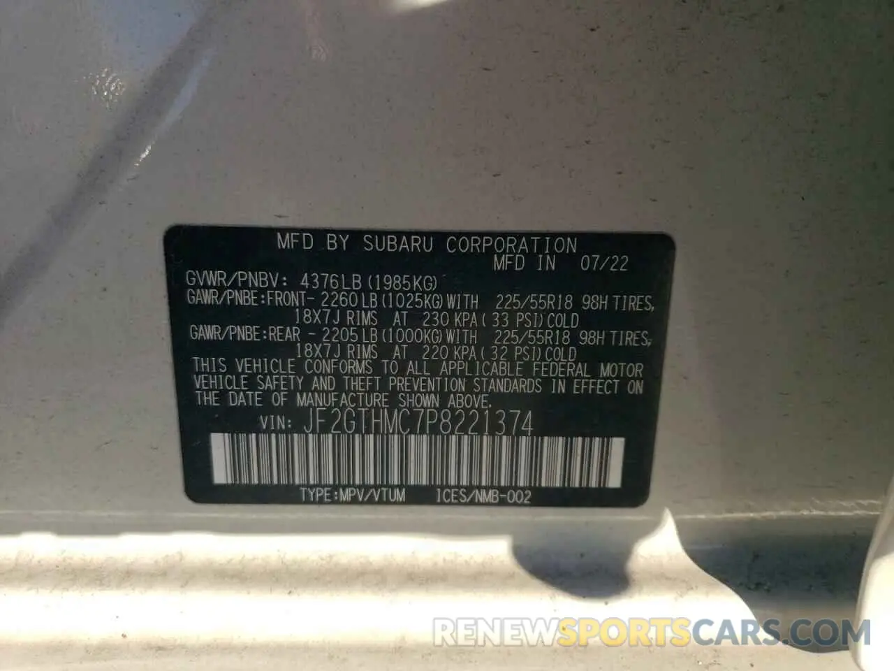 14 fotografías del automóvil dañado JF2GTHMC7P8221374 SUBARU CROSSTREK 2023
