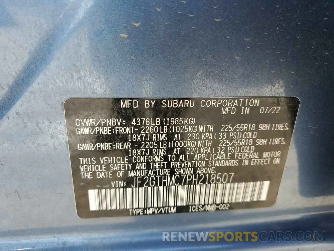 13 fotografías del automóvil dañado JF2GTHMC7PH218507 SUBARU CROSSTREK 2023