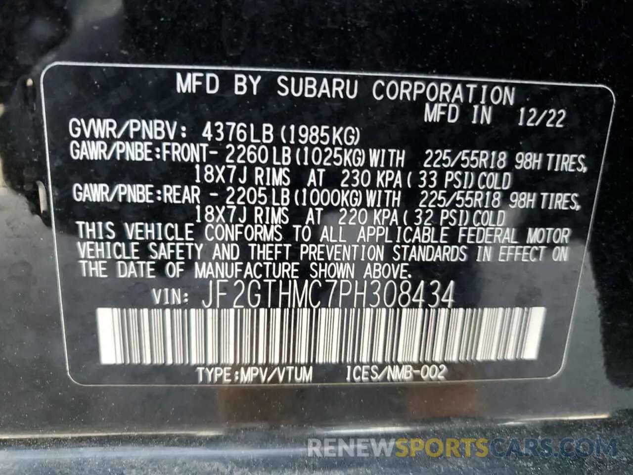 13 fotografías del automóvil dañado JF2GTHMC7PH308434 SUBARU CROSSTREK 2023