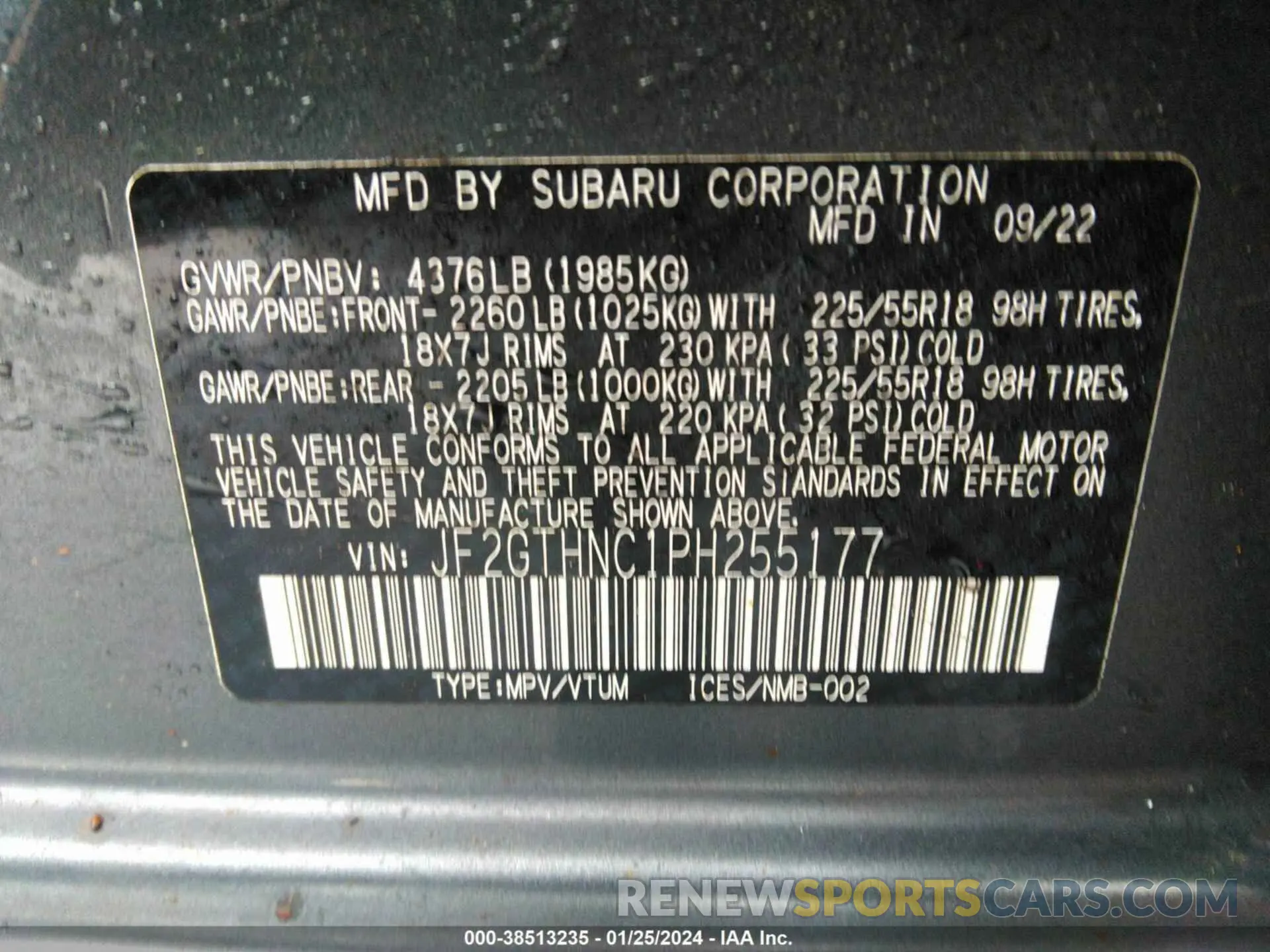 9 fotografías del automóvil dañado JF2GTHNC1PH255177 SUBARU CROSSTREK 2023