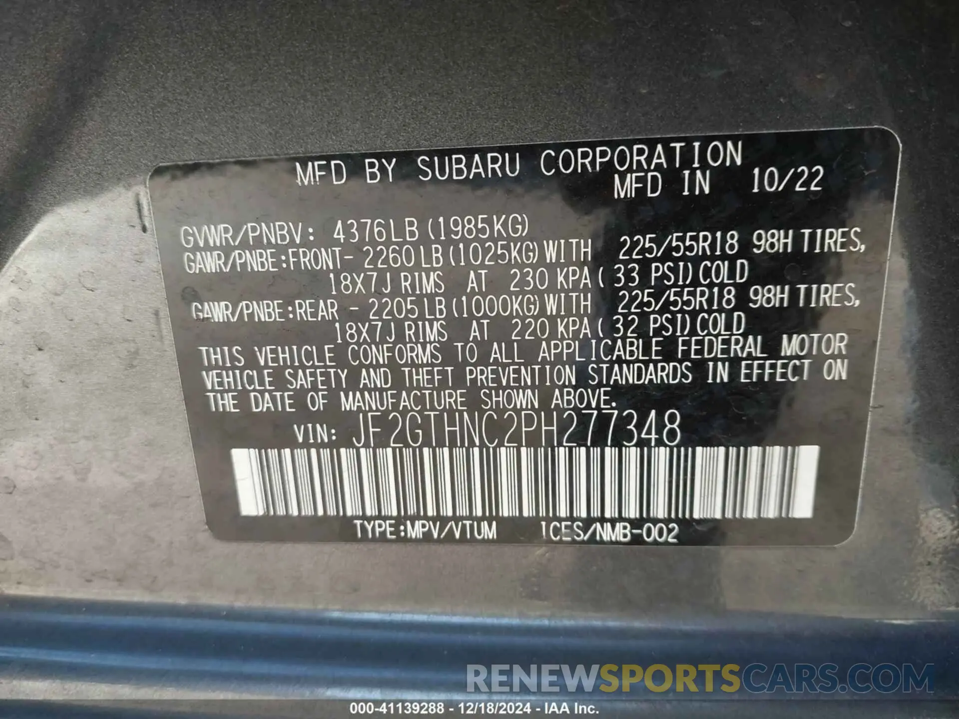 9 fotografías del automóvil dañado JF2GTHNC2PH277348 SUBARU CROSSTREK 2023