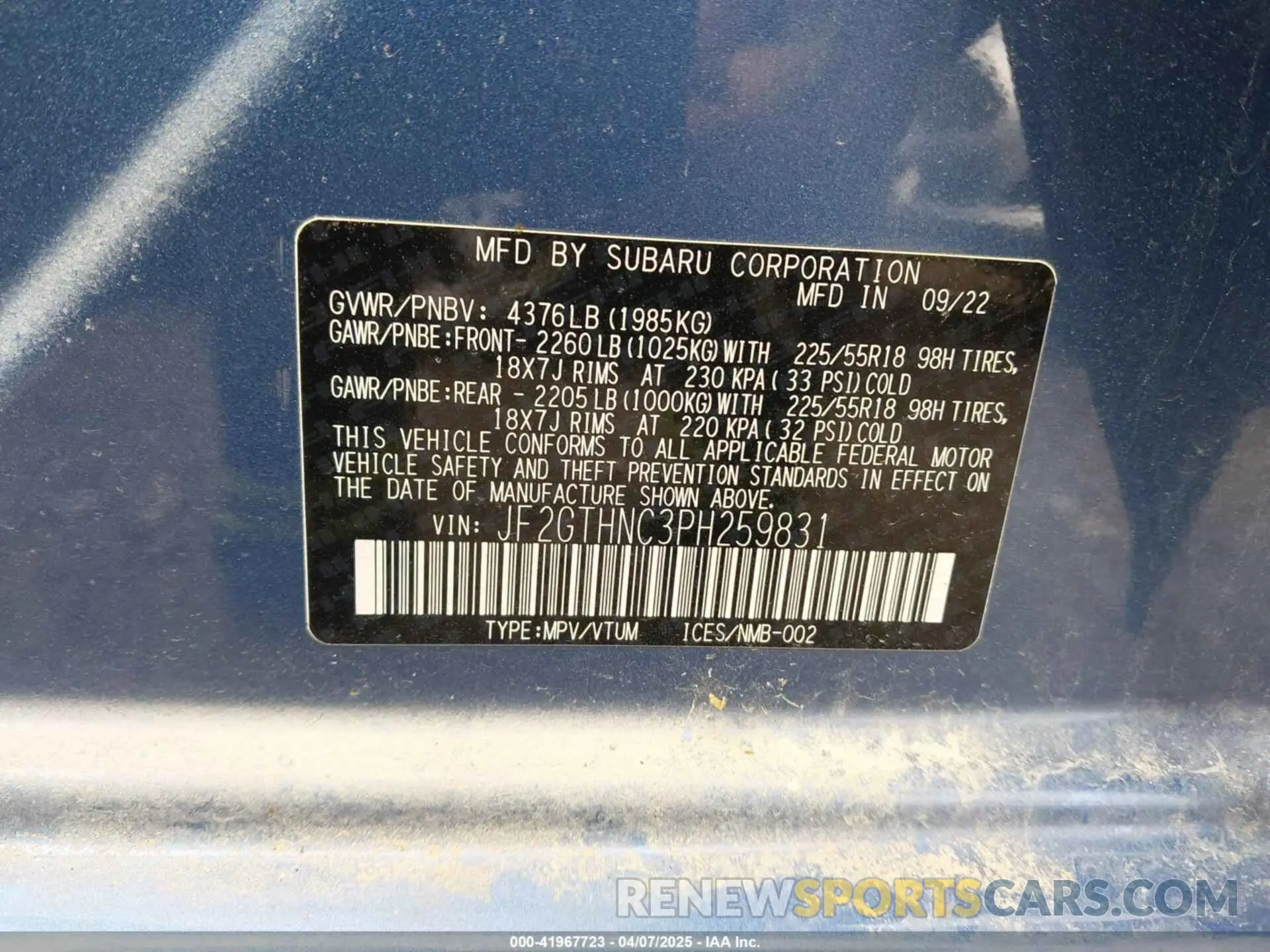 9 fotografías del automóvil dañado JF2GTHNC3PH259831 SUBARU CROSSTREK 2023