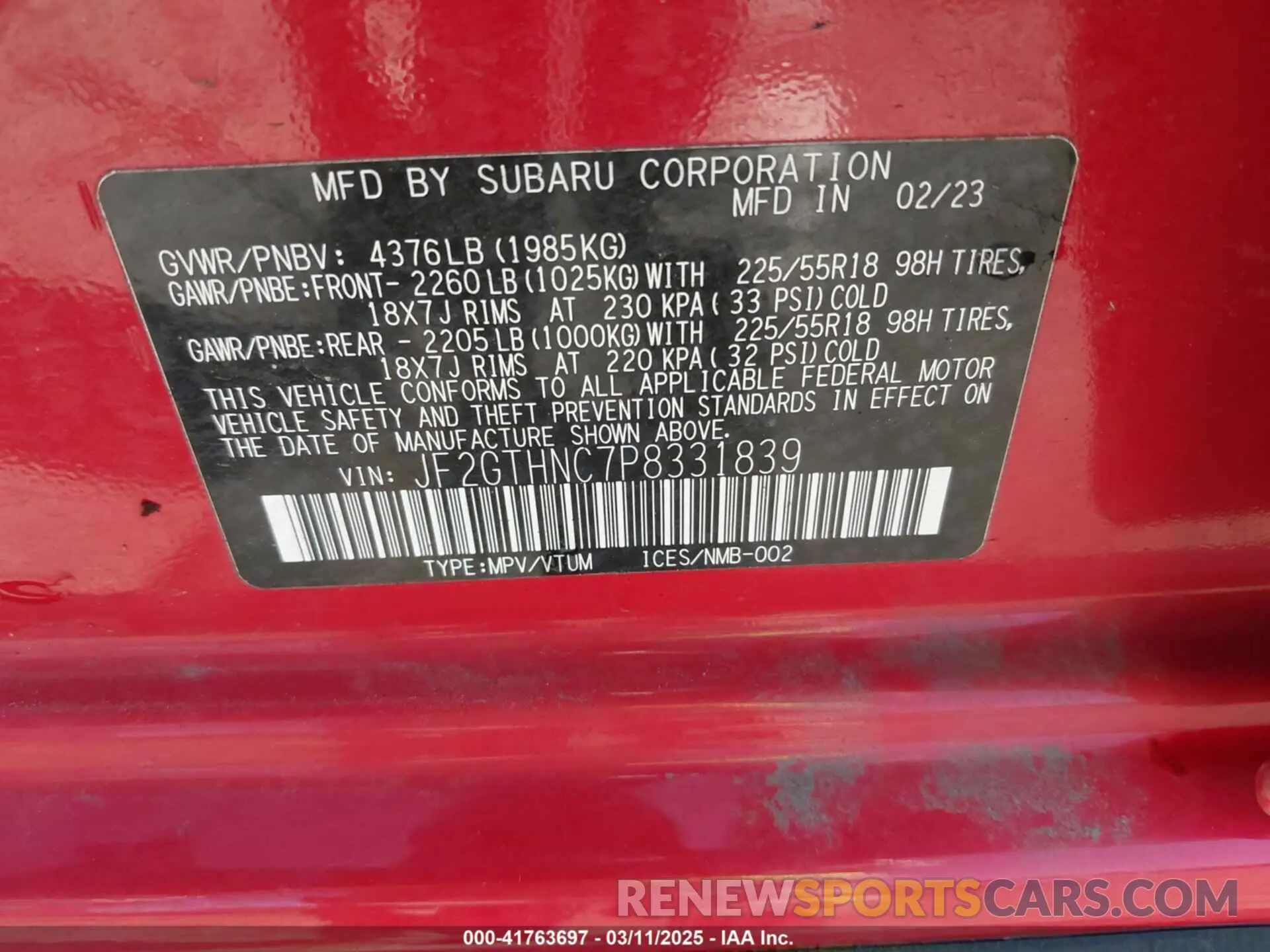 9 fotografías del automóvil dañado JF2GTHNC7P8331839 SUBARU CROSSTREK 2023