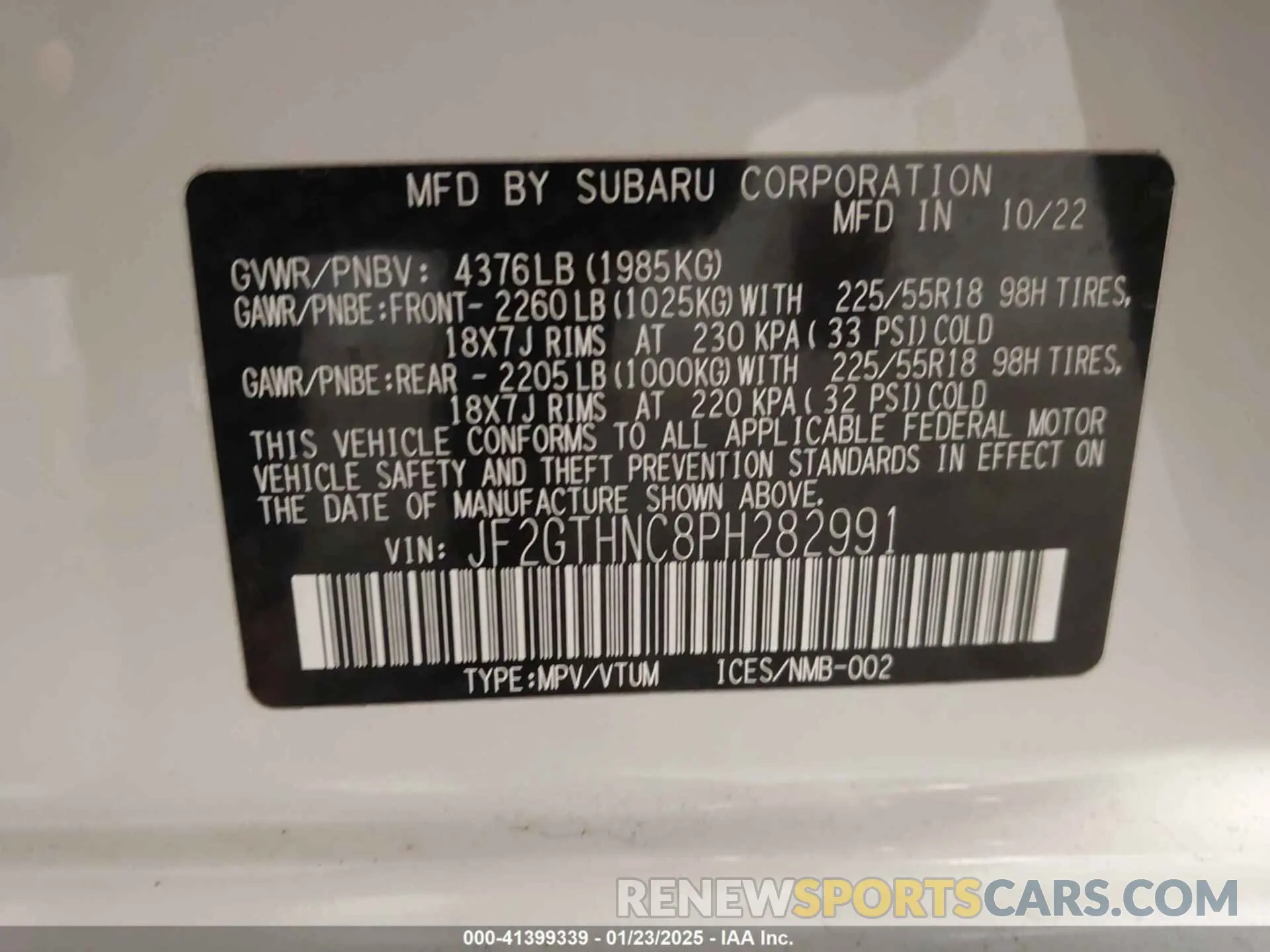 9 fotografías del automóvil dañado JF2GTHNC8PH282991 SUBARU CROSSTREK 2023