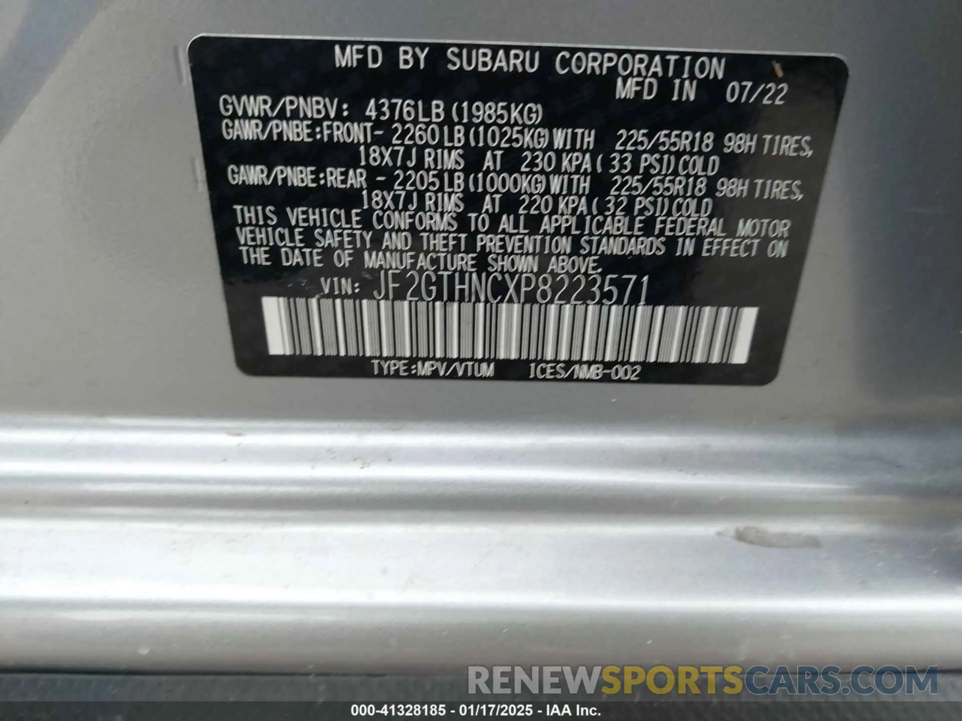 9 fotografías del automóvil dañado JF2GTHNCXP8223571 SUBARU CROSSTREK 2023