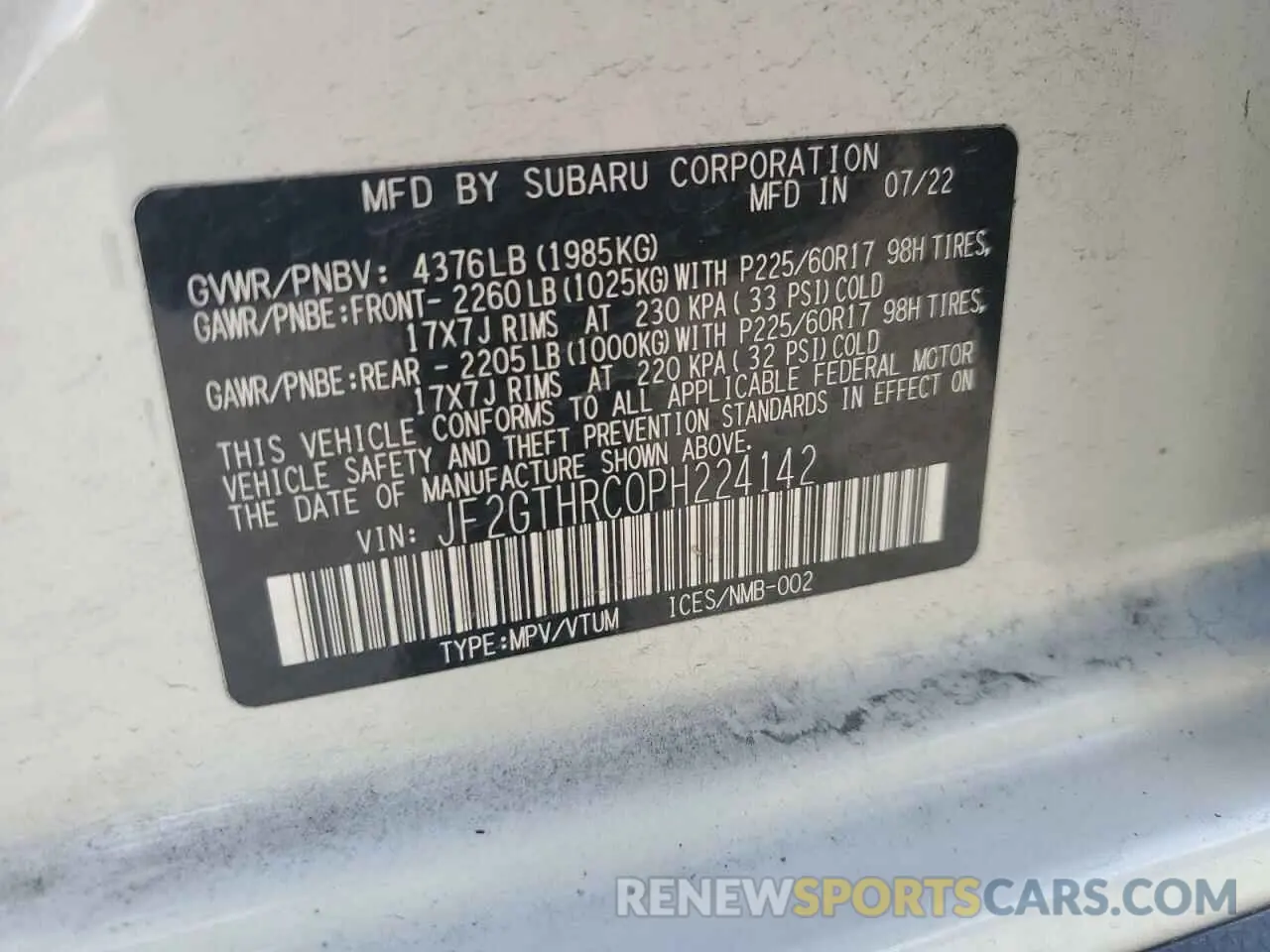15 fotografías del automóvil dañado JF2GTHRC0PH224142 SUBARU CROSSTREK 2023