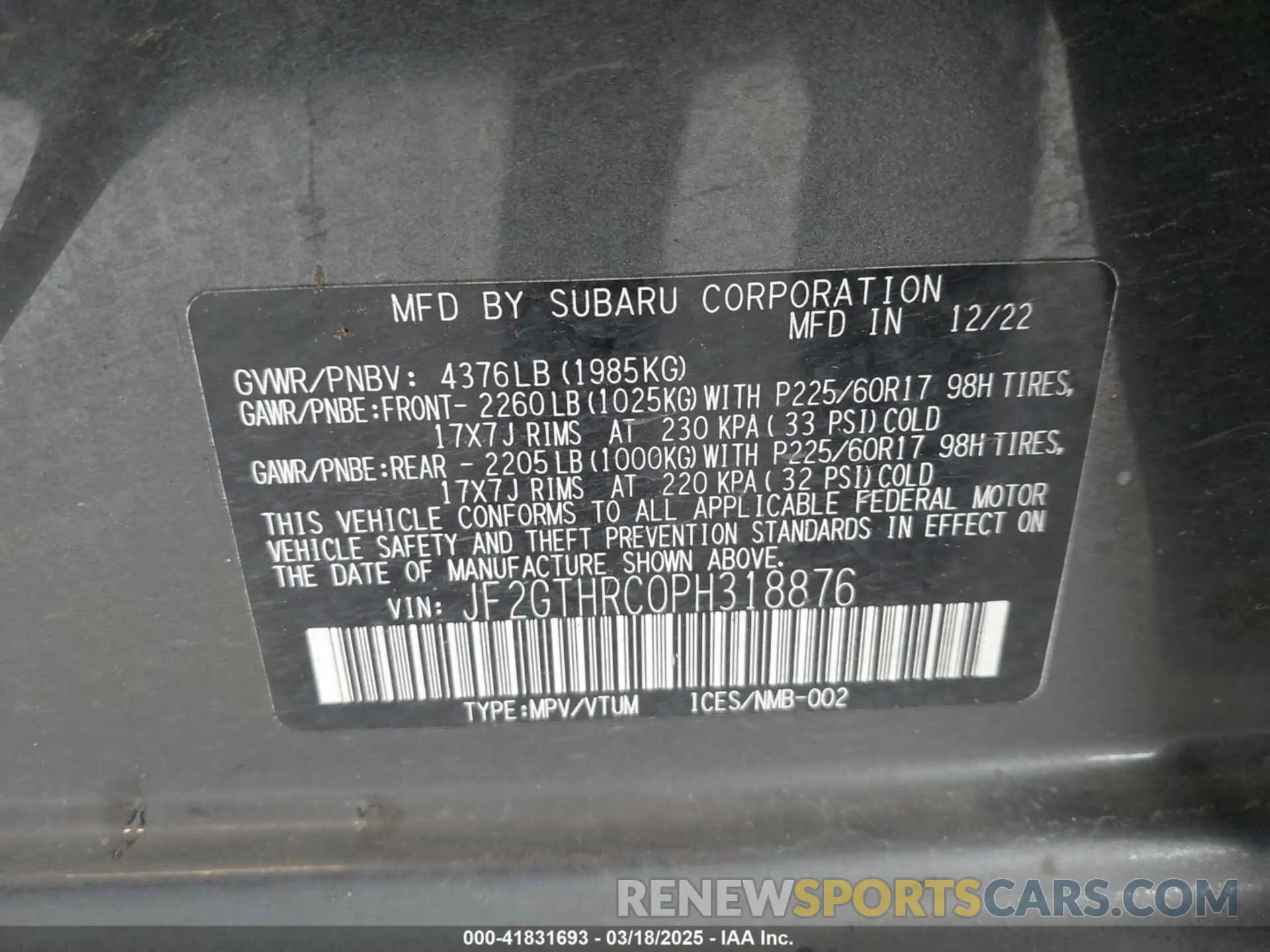 9 fotografías del automóvil dañado JF2GTHRC0PH318876 SUBARU CROSSTREK 2023