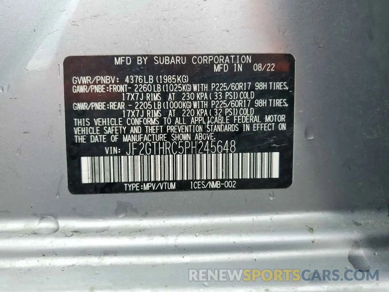 14 fotografías del automóvil dañado JF2GTHRC5PH245648 SUBARU CROSSTREK 2023