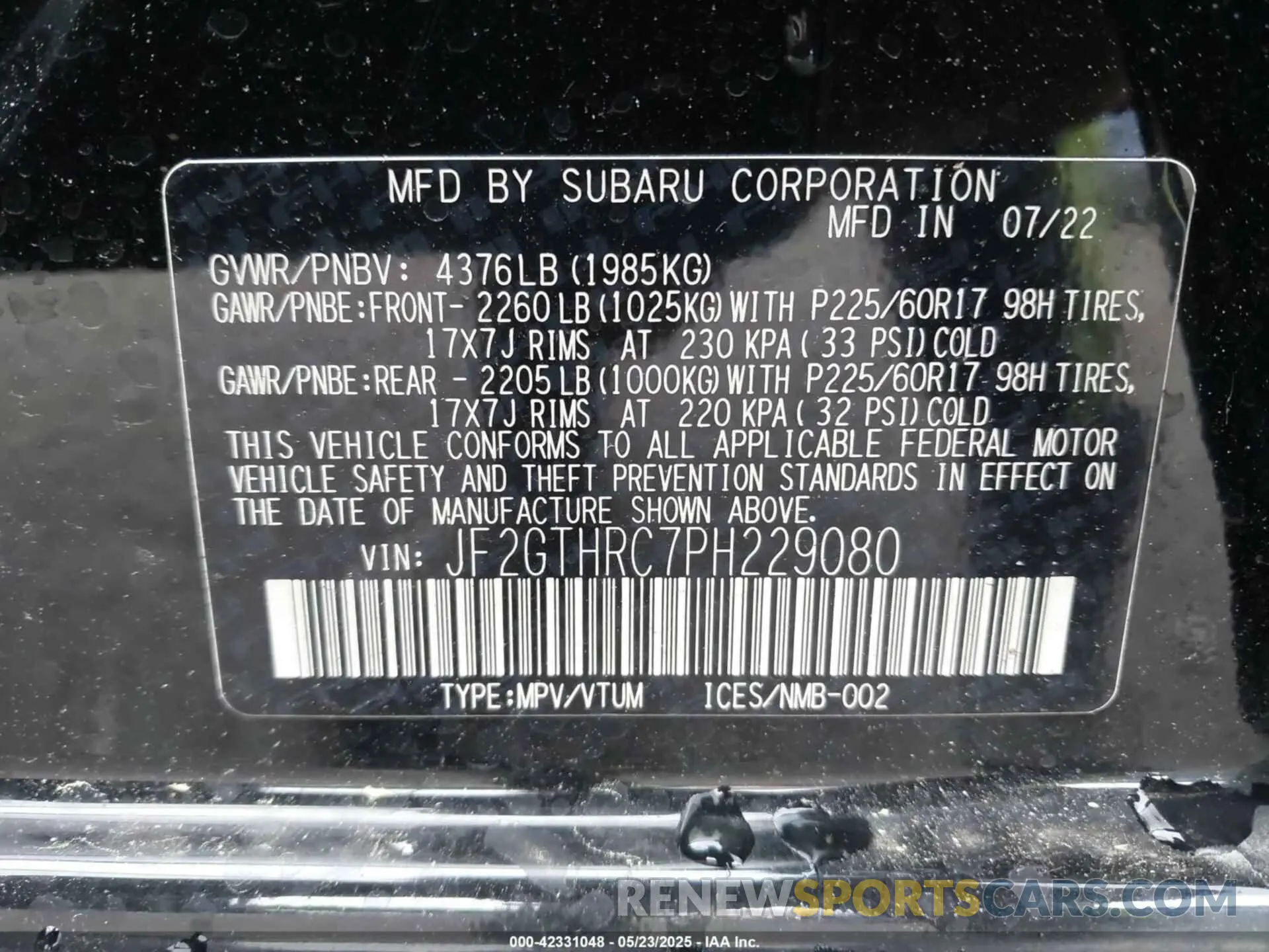 9 fotografías del automóvil dañado JF2GTHRC7PH229080 SUBARU CROSSTREK 2023