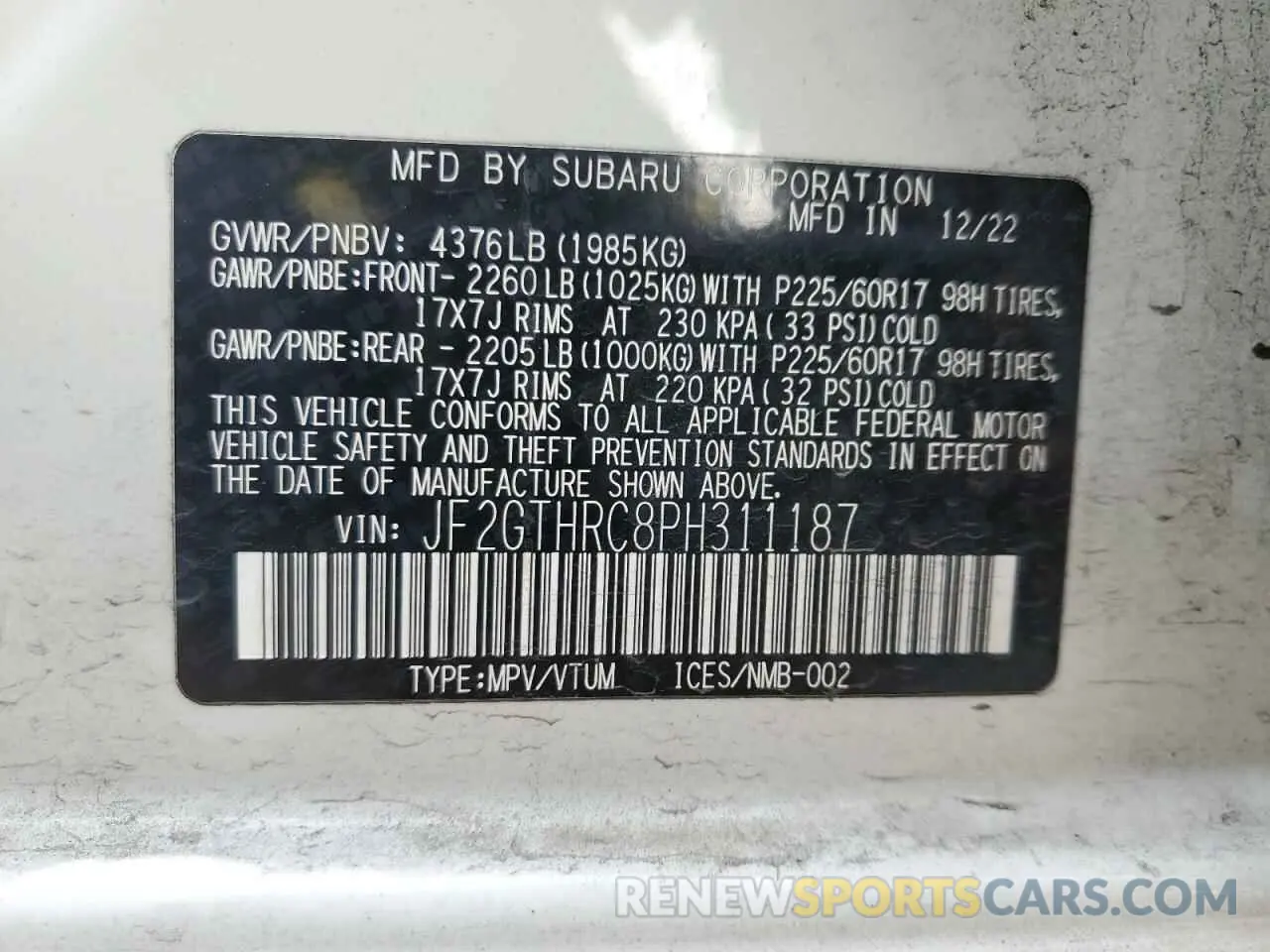 12 fotografías del automóvil dañado JF2GTHRC8PH311187 SUBARU CROSSTREK 2023